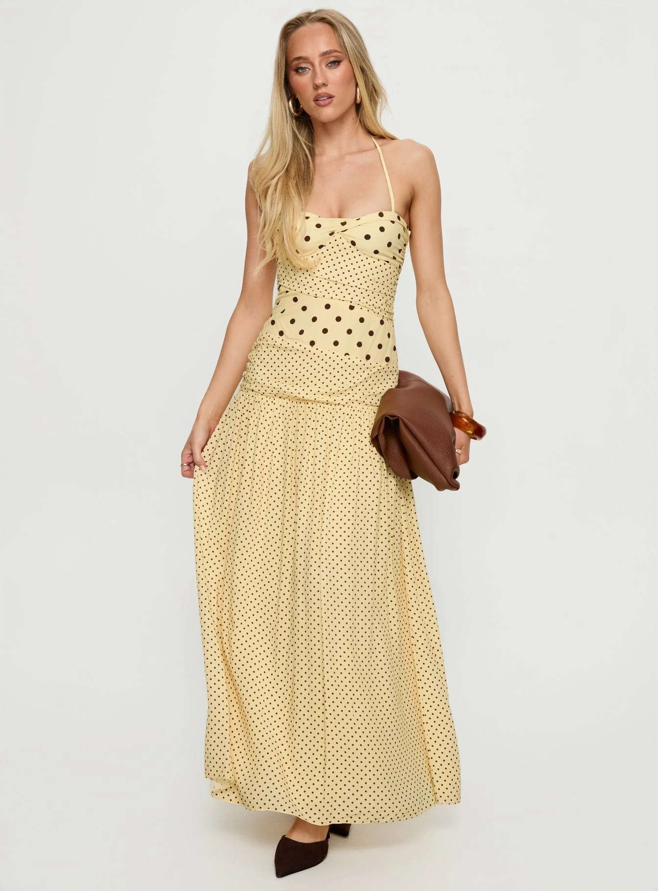 Marguerite Halter Maxi Dress Lemon / Brown Polka Dot - Image 2