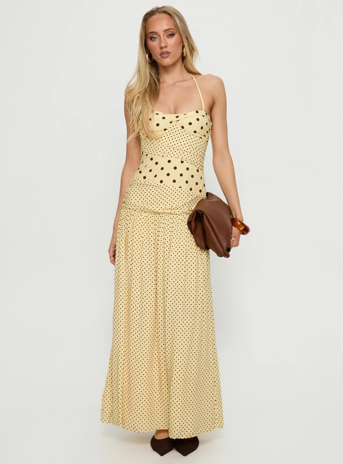 Marguerite Halter Maxi Dress Lemon / Brown Polka Dot - Image 3
