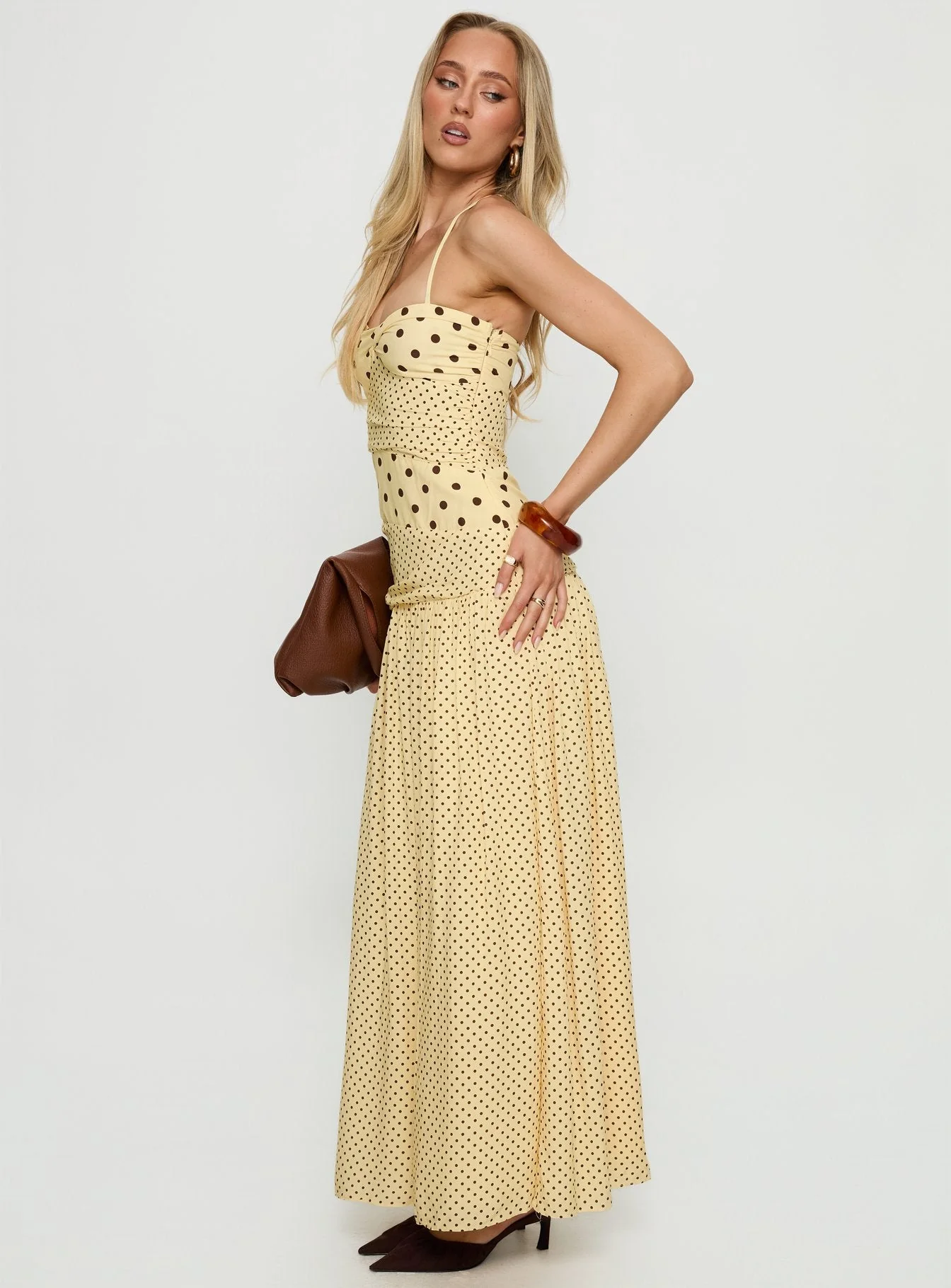 Marguerite Halter Maxi Dress Lemon / Brown Polka Dot - Image 4