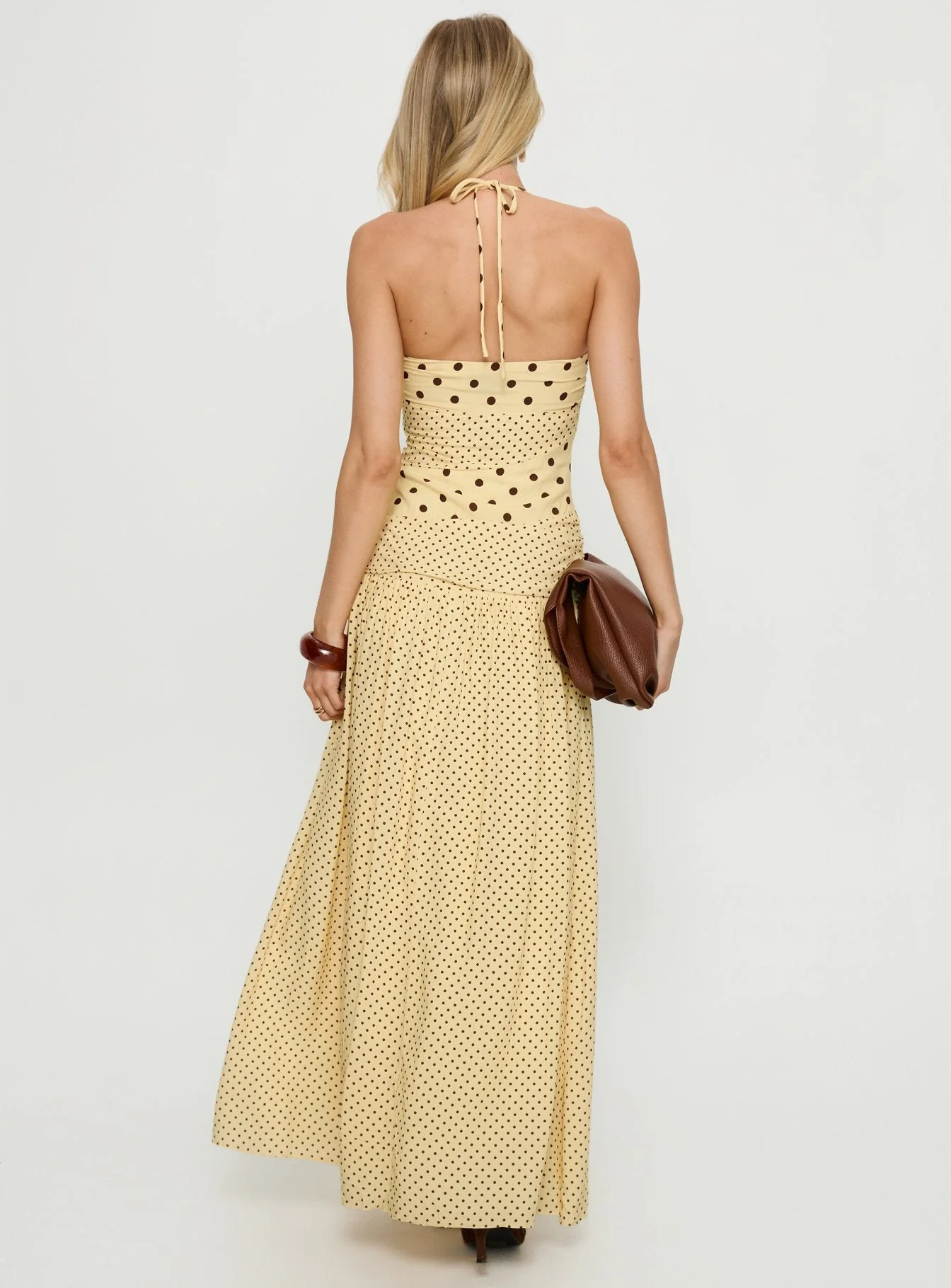 Marguerite Halter Maxi Dress Lemon / Brown Polka Dot - Image 5