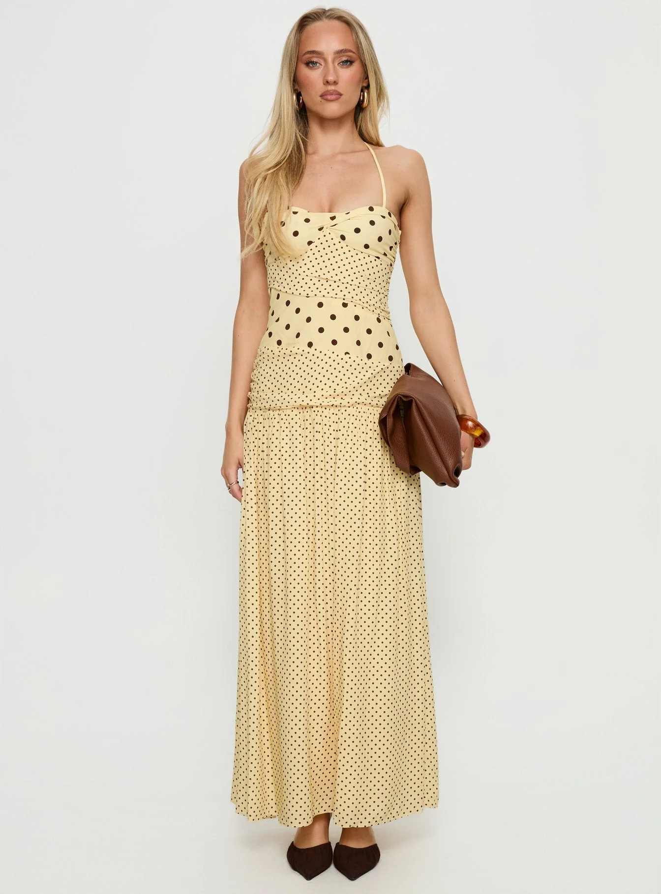Marguerite Halter Maxi Dress Lemon / Brown Polka Dot - Image 7
