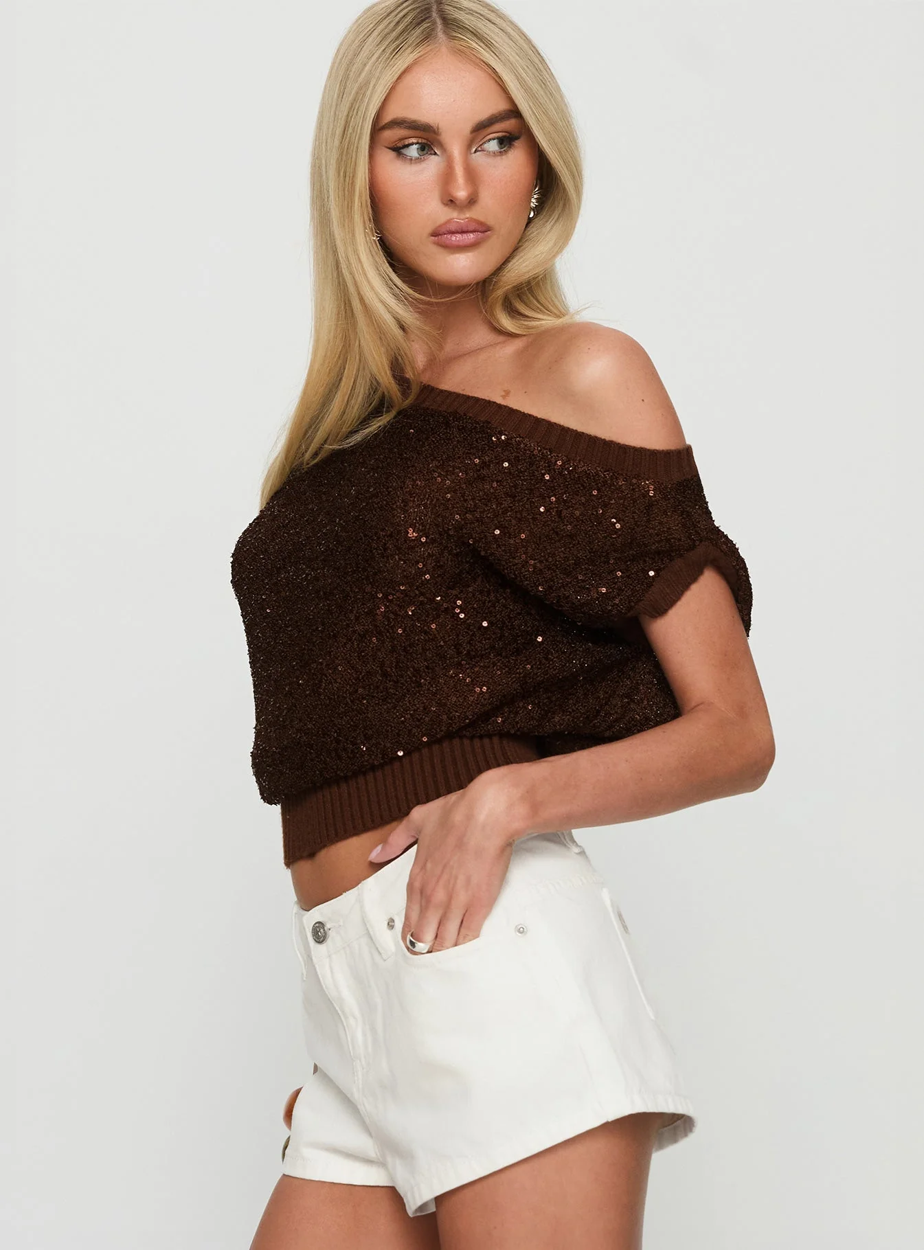 Marysa Sequin Knit Blouson Top Brown - Image 4