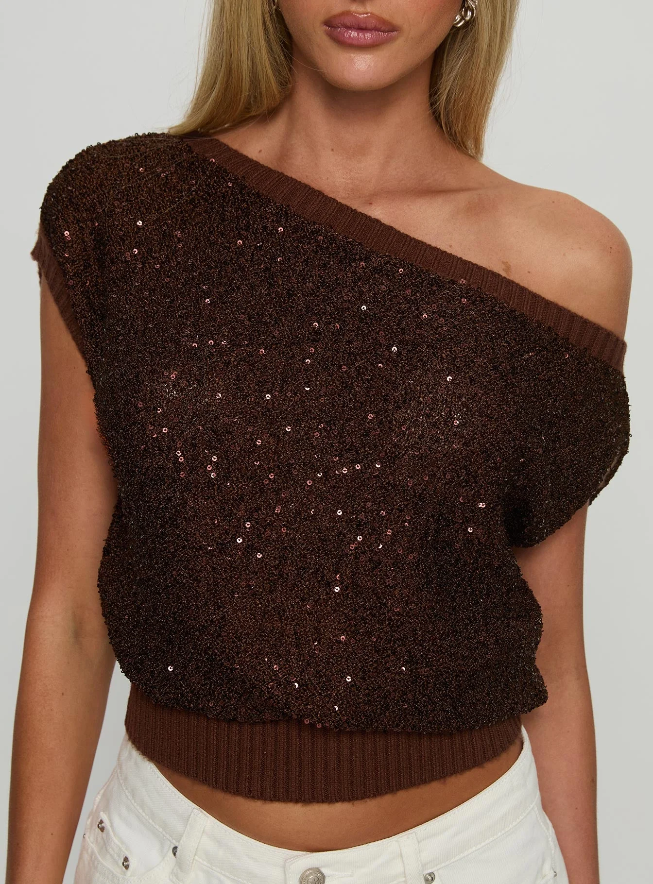 Marysa Sequin Knit Blouson Top Brown - Image 6