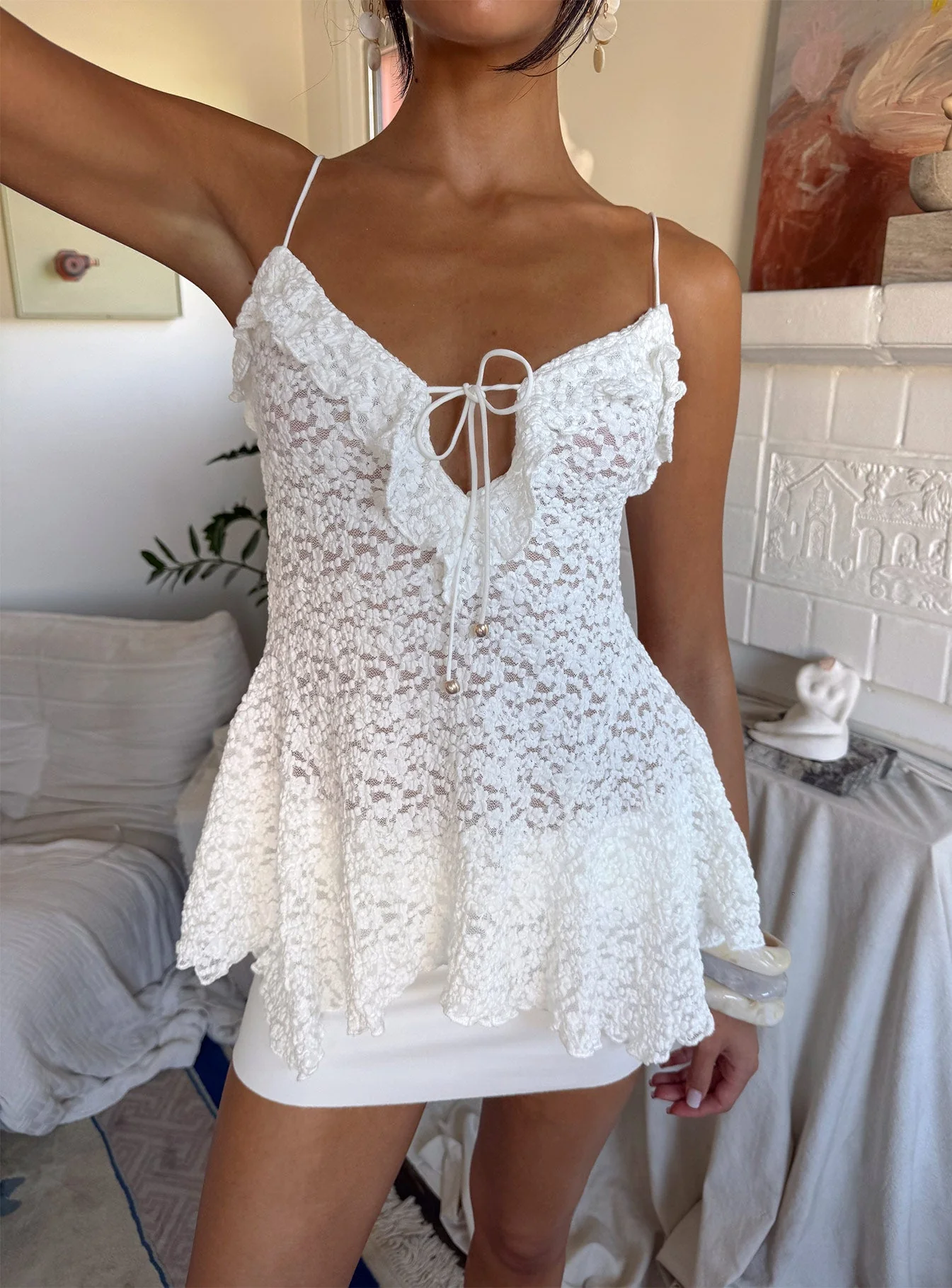 Medinilla Ruffle Tie Front Top White Lace - Image 11