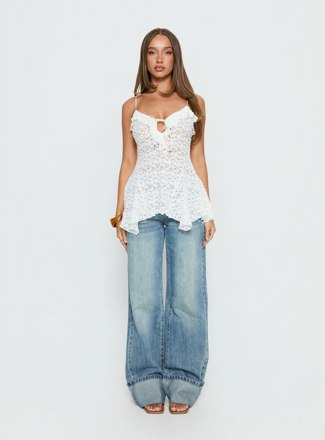 Medinilla Ruffle Tie Front Top White Lace - Image 8
