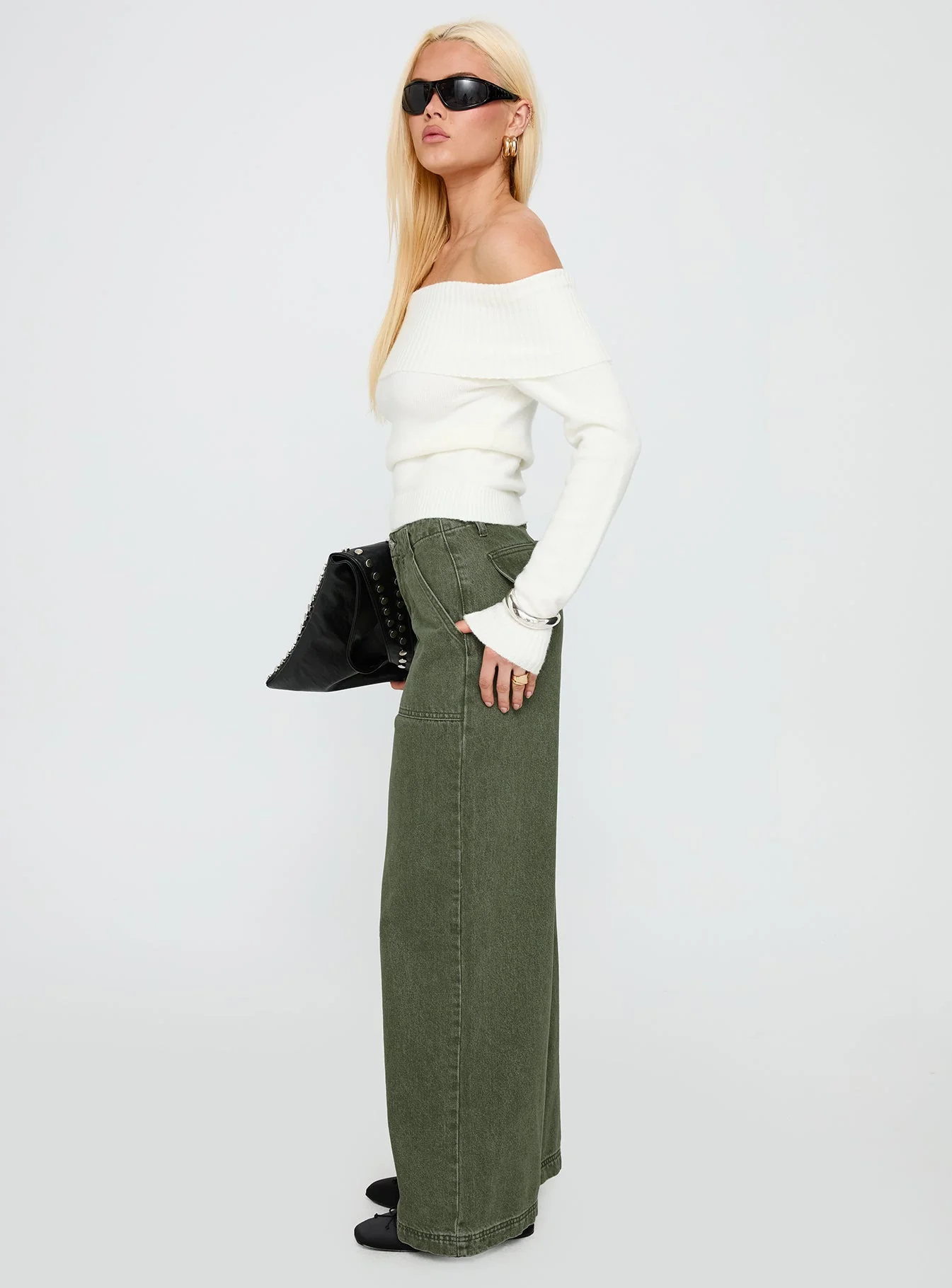 Melikah Mid Rise Baggy Cargo Jeans Green Wash - Image 4