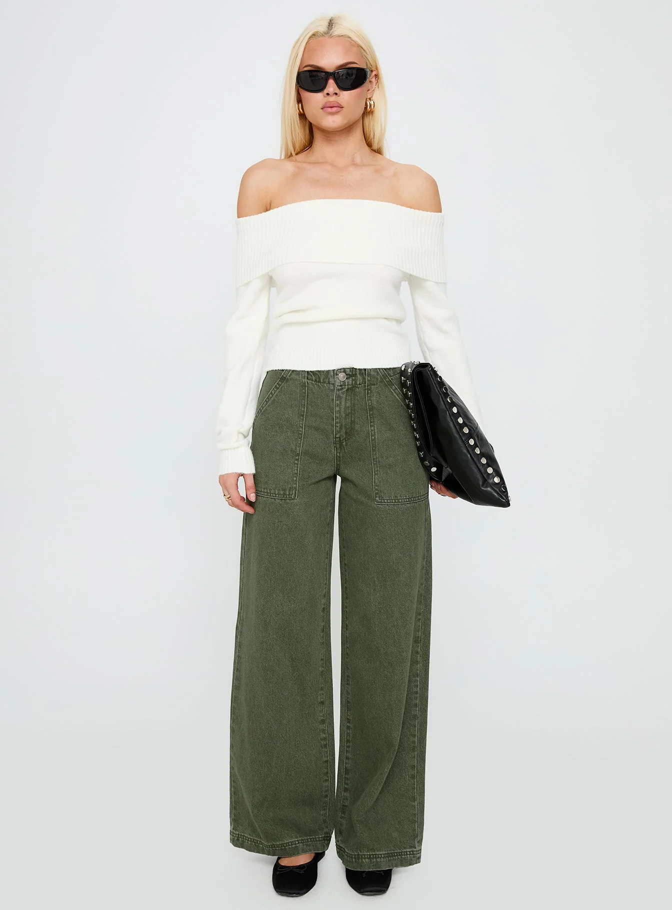 Melikah Mid Rise Baggy Cargo Jeans Green Wash - Image 7
