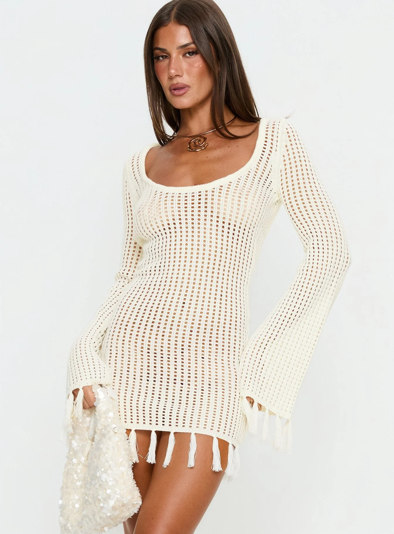 Melosa Long Sleeve Crochet Mini Dress White - Image 2