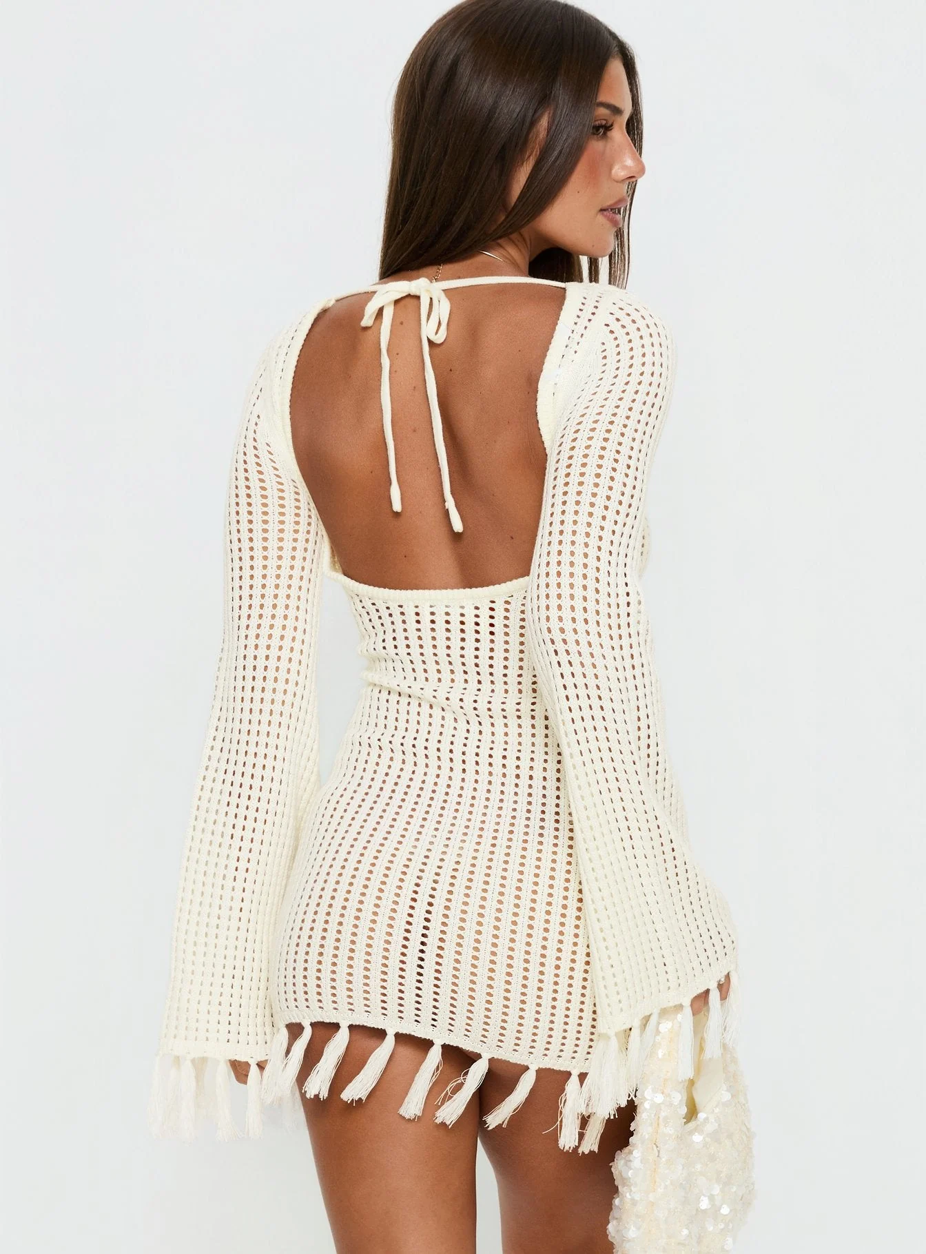 Melosa Long Sleeve Crochet Mini Dress White - Image 5