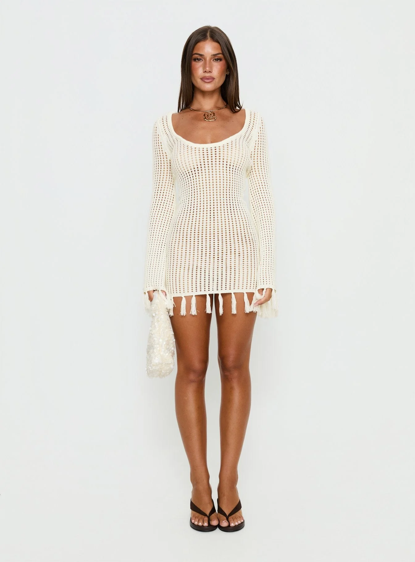 Melosa Long Sleeve Crochet Mini Dress White - Image 7
