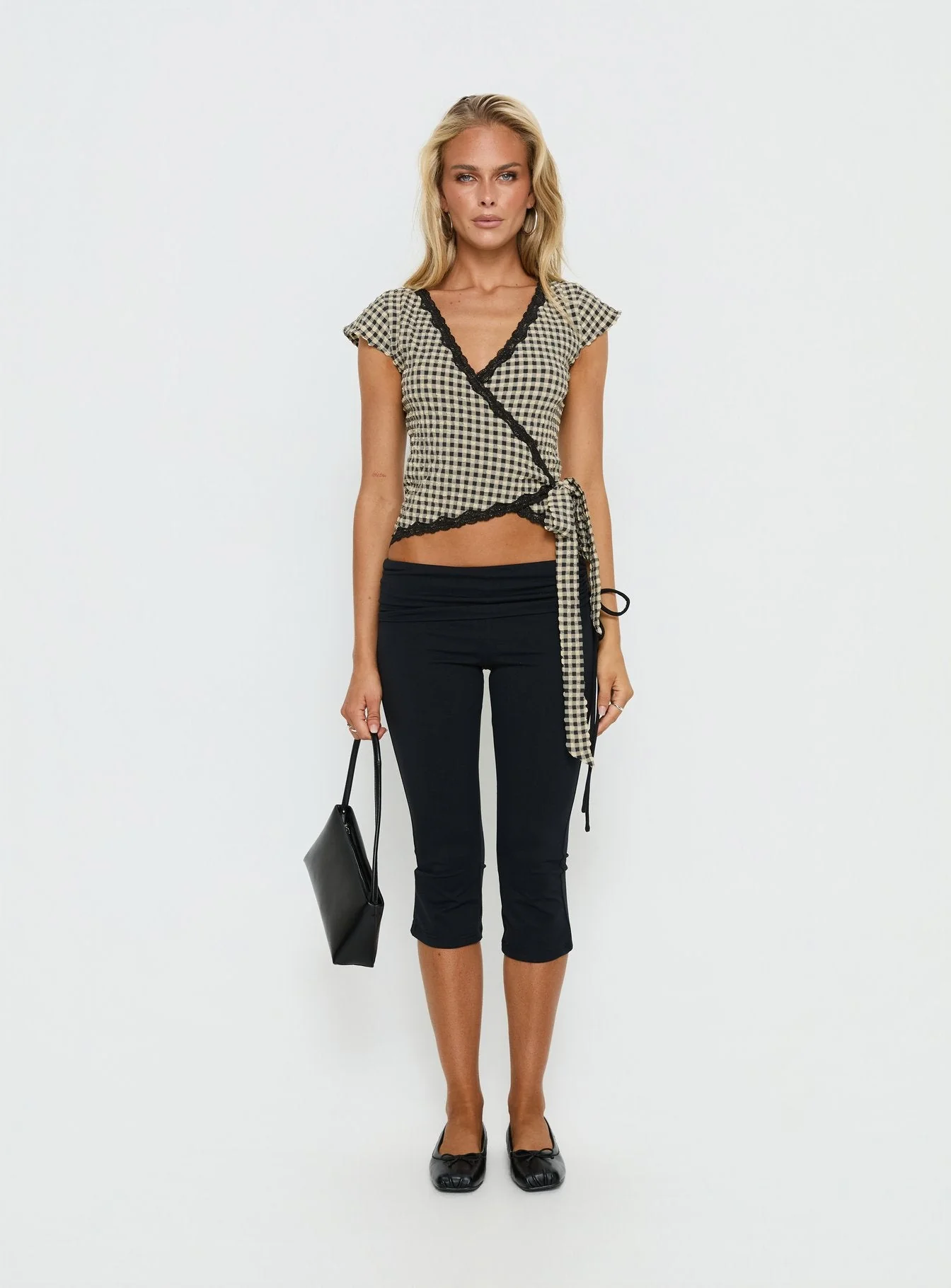 Meltwater Lace Trim Wrap Detail Top Black Check - Image 6