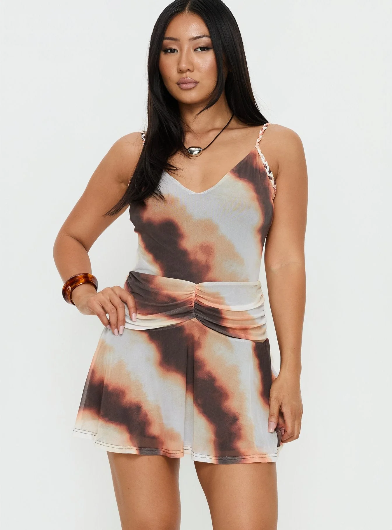 Milanie Ruched Mini Dress Brown / Orange Stripe - Image 2