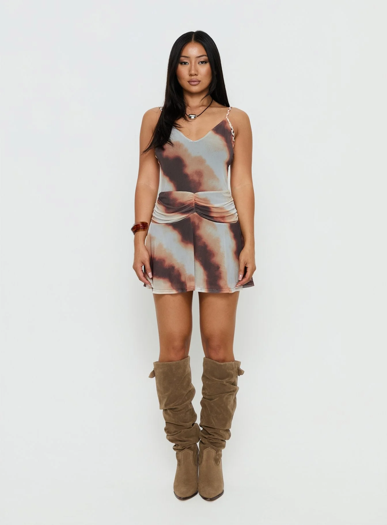 Milanie Ruched Mini Dress Brown / Orange Stripe - Image 7