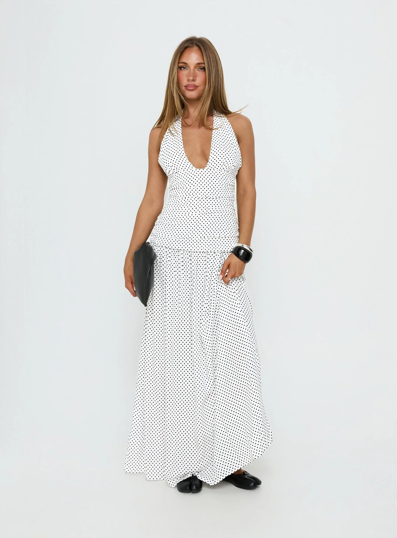 Millen Gathered Waist Halter Maxi Dress White Polka Dot - Image 2
