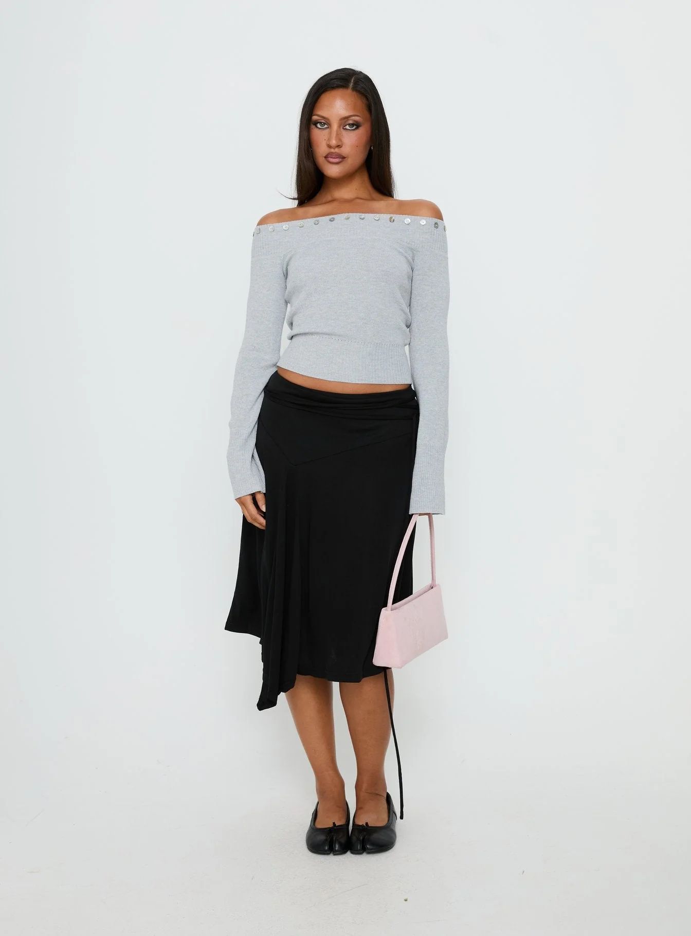 Miralys Off Shoulder Long Sleeve Knit Top Grey - Image 2