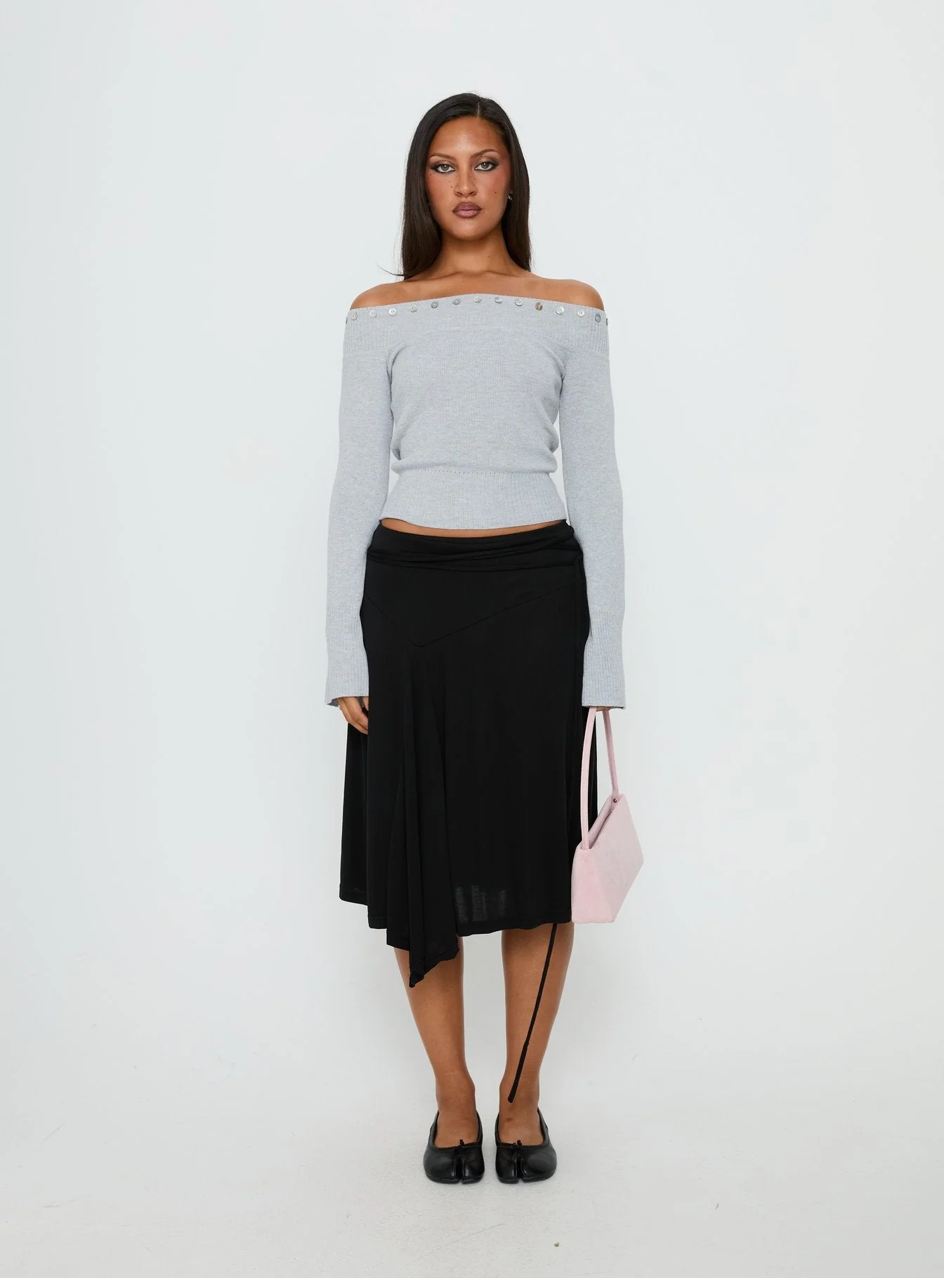 Miralys Off Shoulder Long Sleeve Knit Top Grey - Image 6