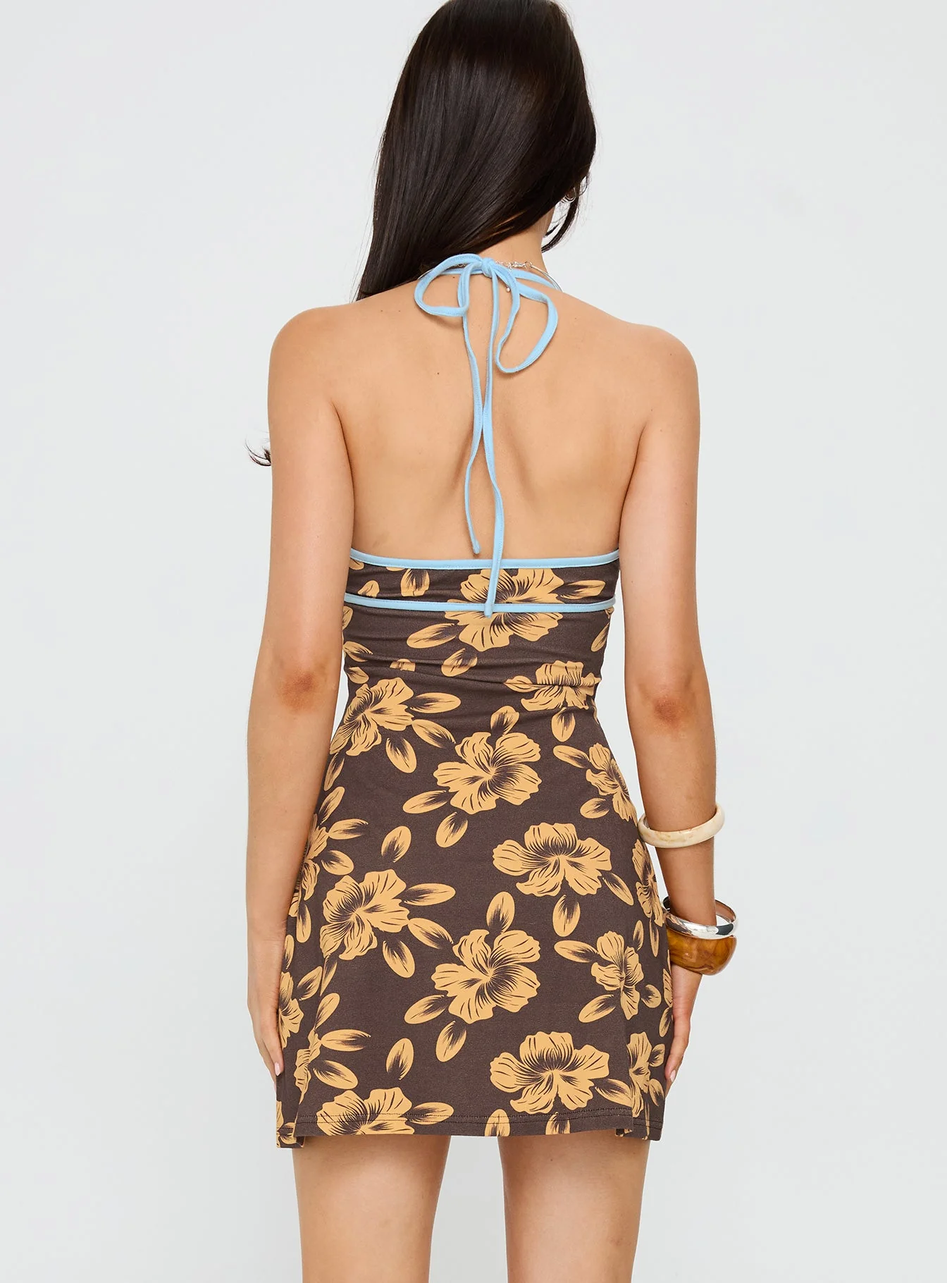 Mishie Halter Mini Dress Brown / Blue Floral - Image 5