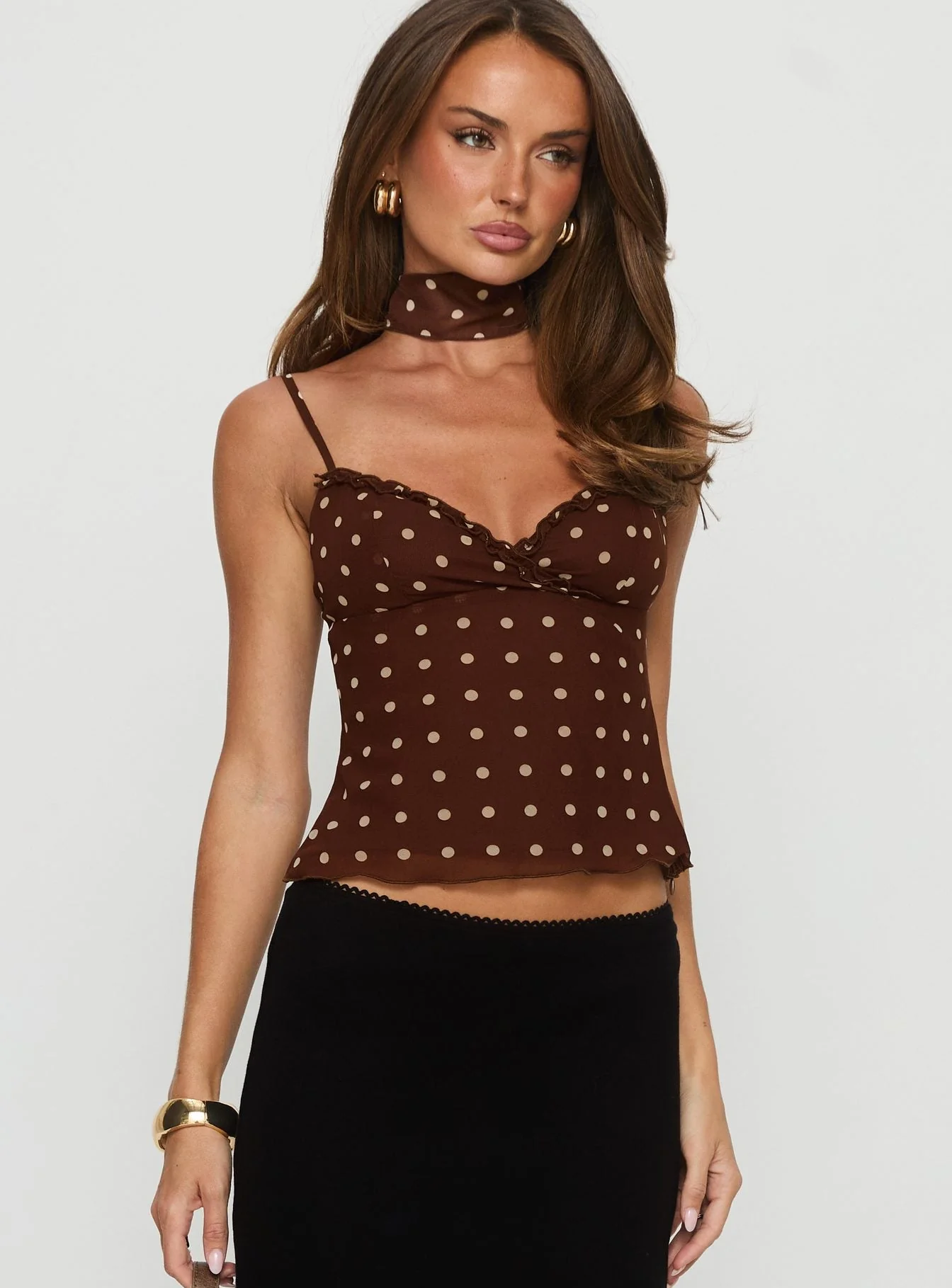 Mishy Scarf Detail Cami Top Brown Polka Dot - Image 2