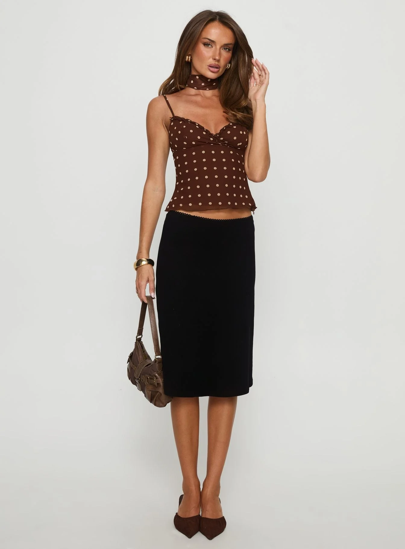 Mishy Scarf Detail Cami Top Brown Polka Dot - Image 3