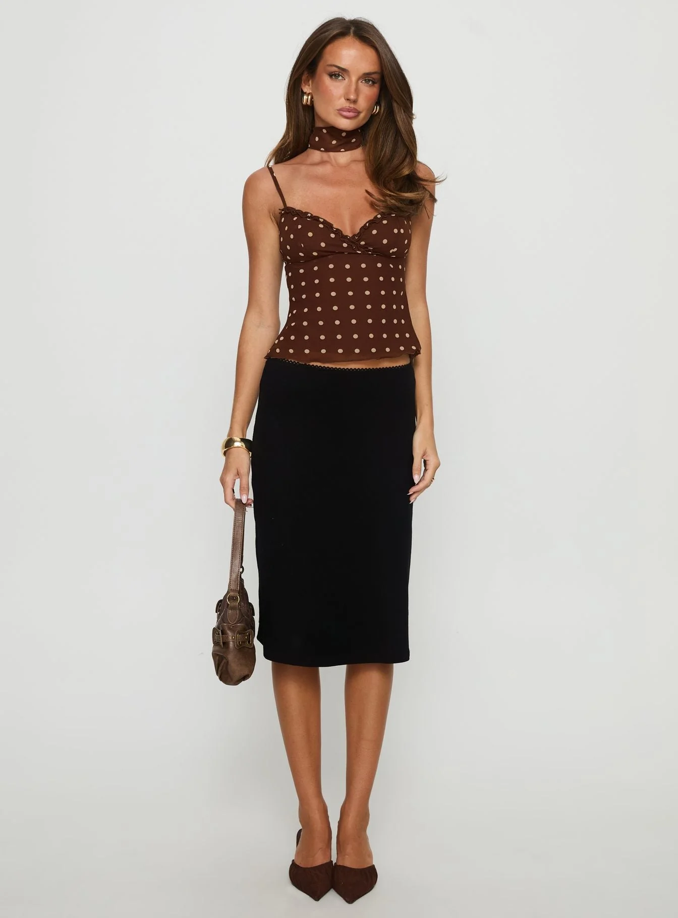 Mishy Scarf Detail Cami Top Brown Polka Dot - Image 7
