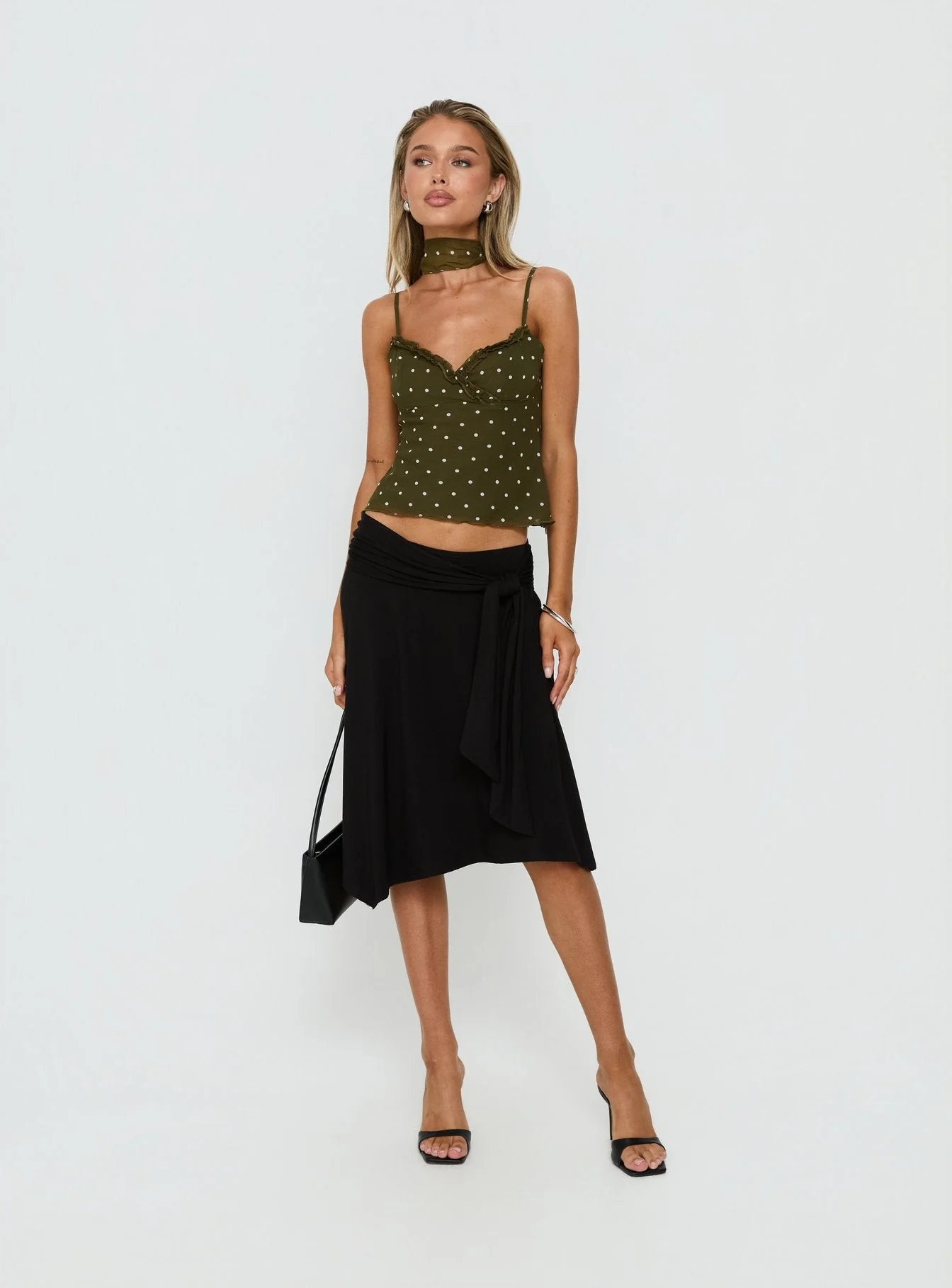Mishy Scarf Detail Cami Top Olive Polka - Image 2