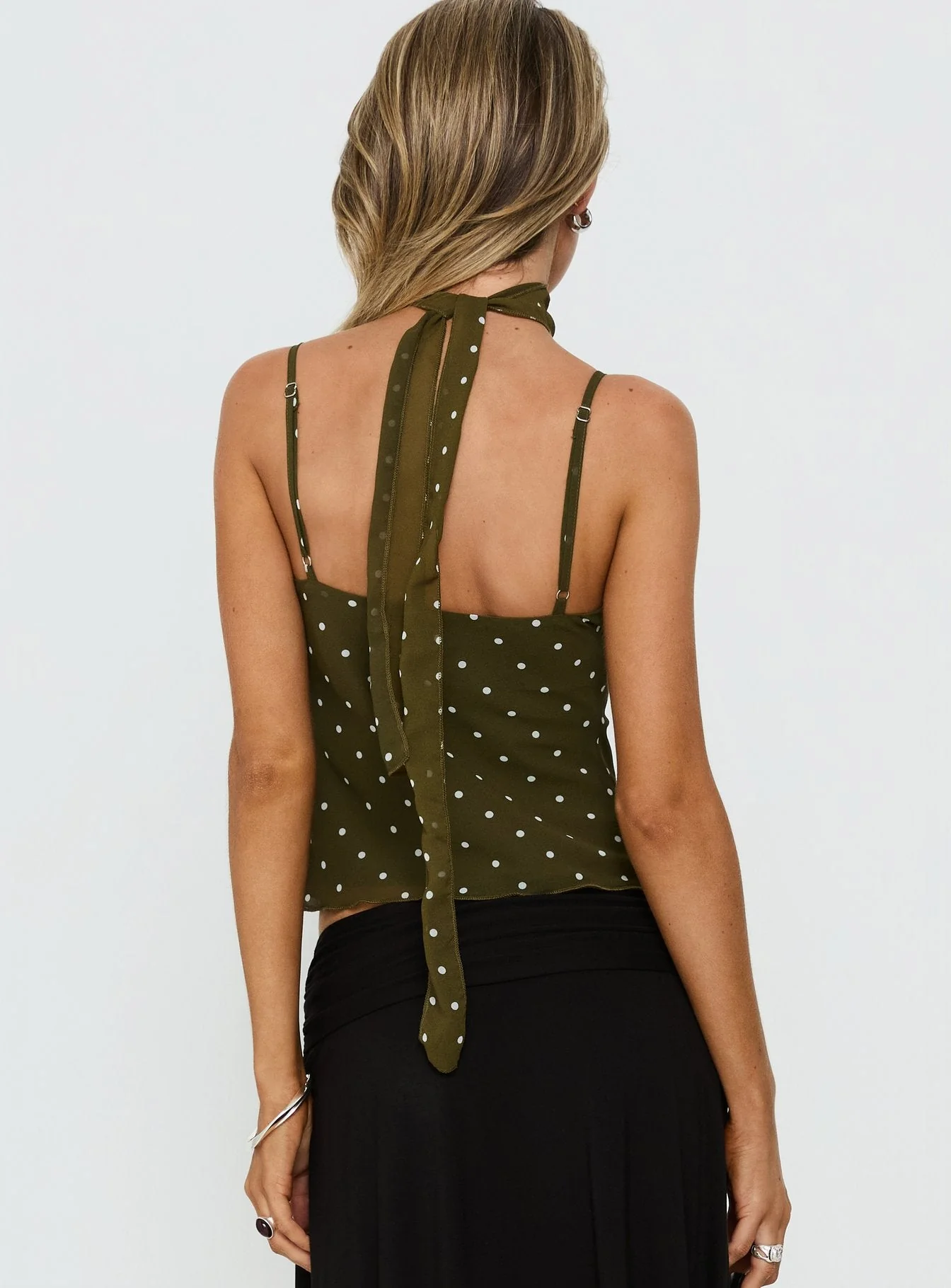 Mishy Scarf Detail Cami Top Olive Polka - Image 4