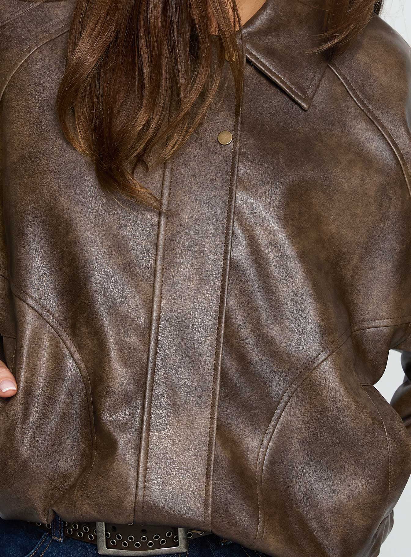 Mixtape Faux Leather Collared Jacket Brown - Image 6