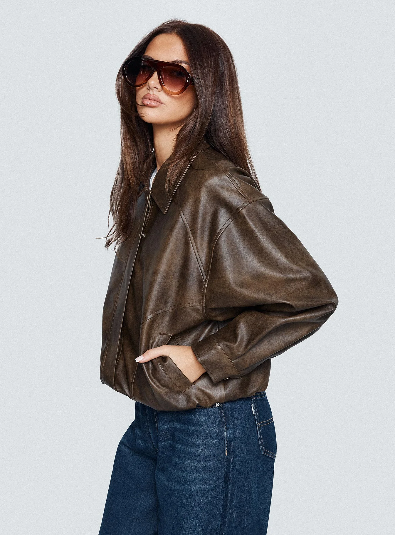 Mixtape Faux Leather Collared Jacket Brown - Image 8