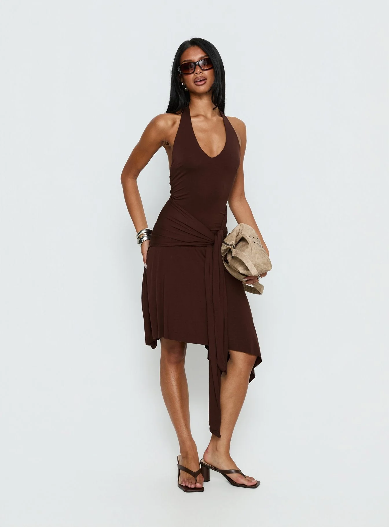 Moonlit Honey Asymmetrical Halter Jersey Midi Dress Chocolate - Image 2