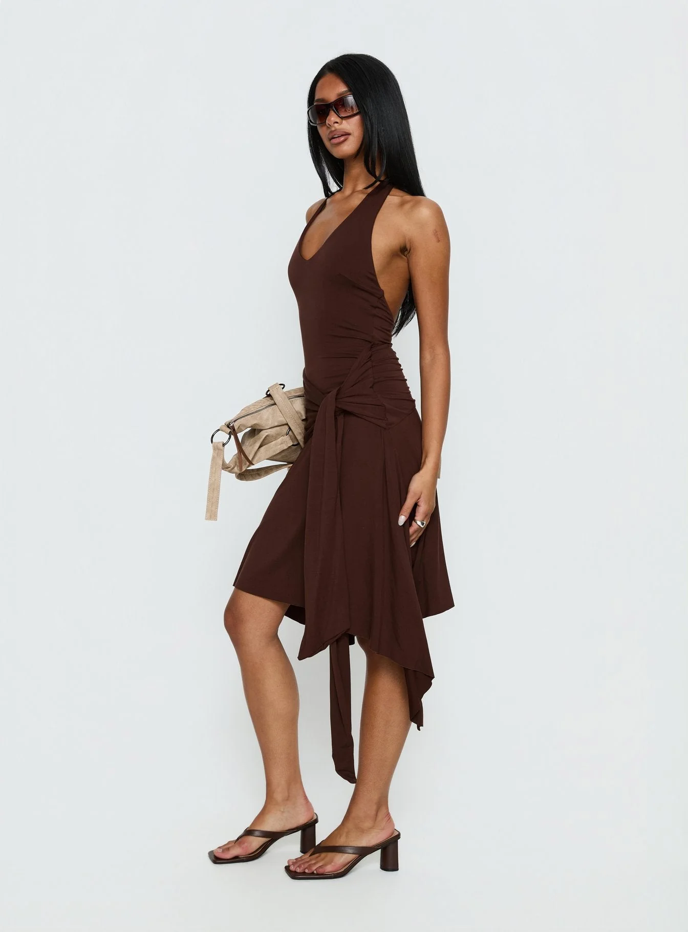 Moonlit Honey Asymmetrical Halter Jersey Midi Dress Chocolate - Image 4