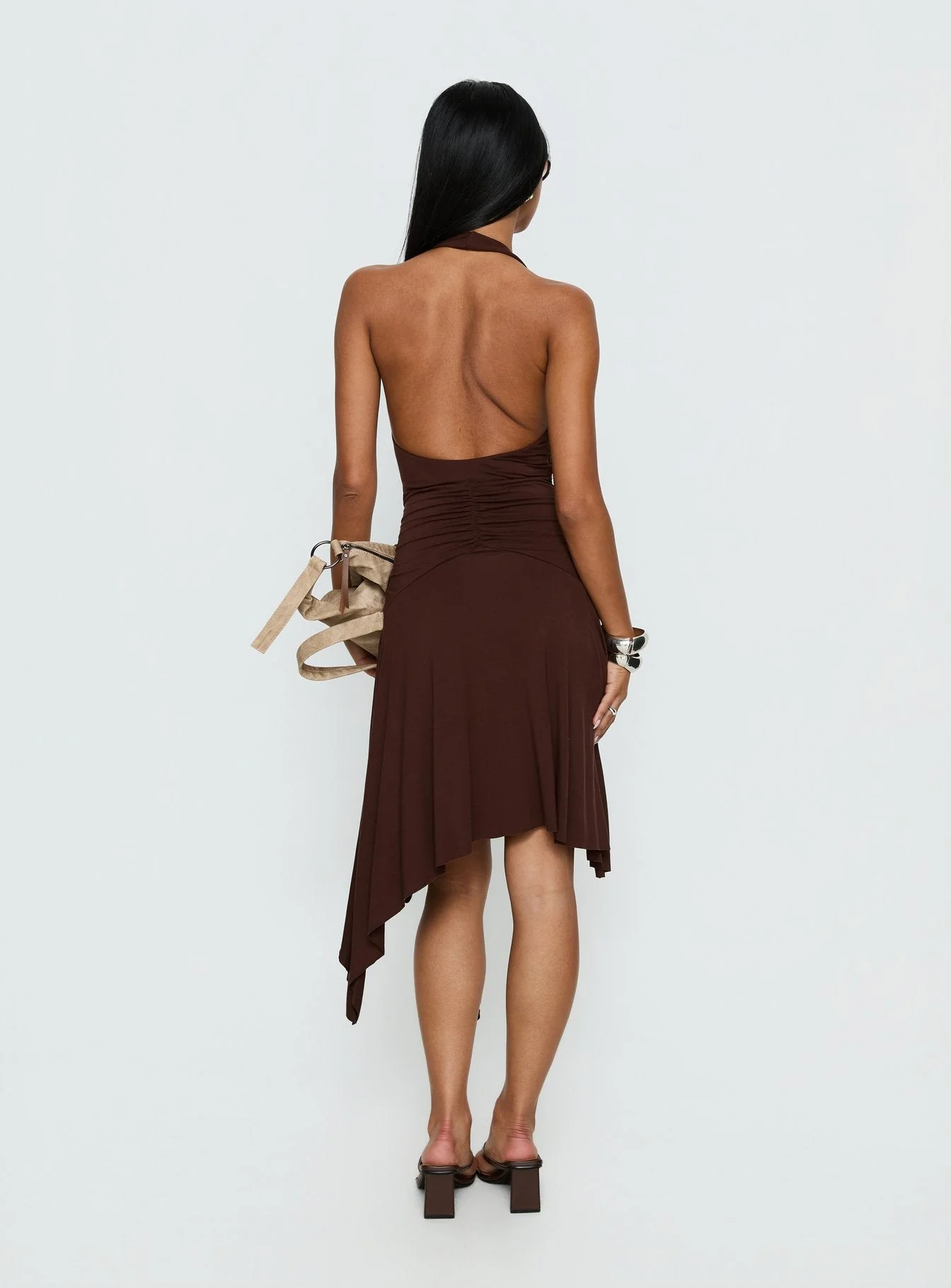 Moonlit Honey Asymmetrical Halter Jersey Midi Dress Chocolate - Image 5