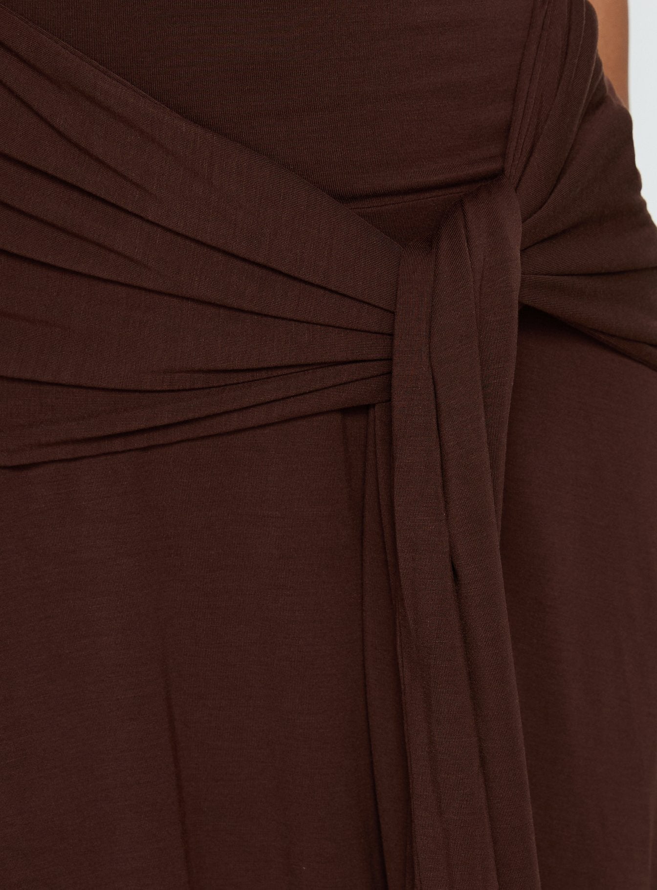 Moonlit Honey Asymmetrical Halter Jersey Midi Dress Chocolate - Image 7