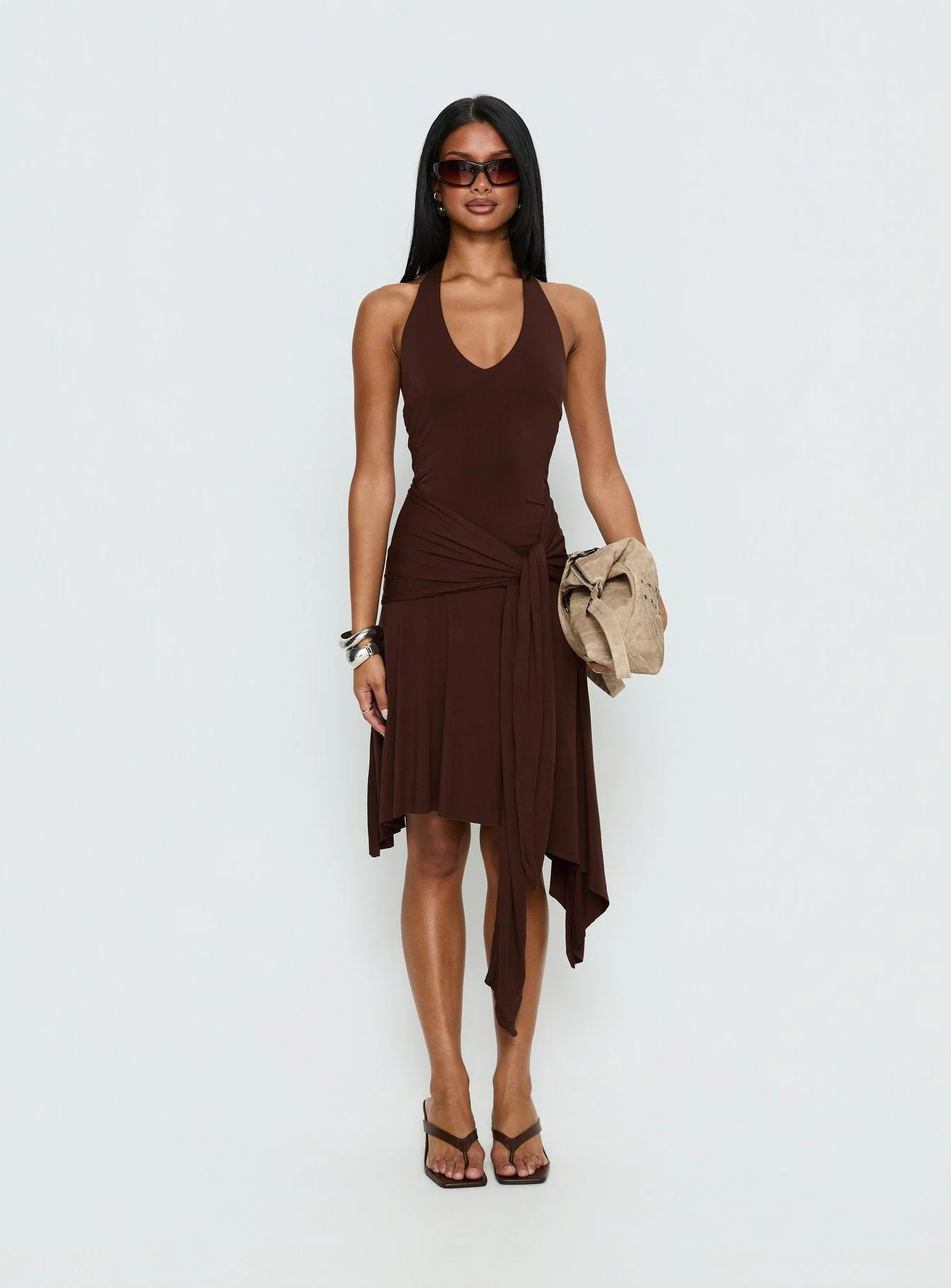 Moonlit Honey Asymmetrical Halter Jersey Midi Dress Chocolate - Image 9