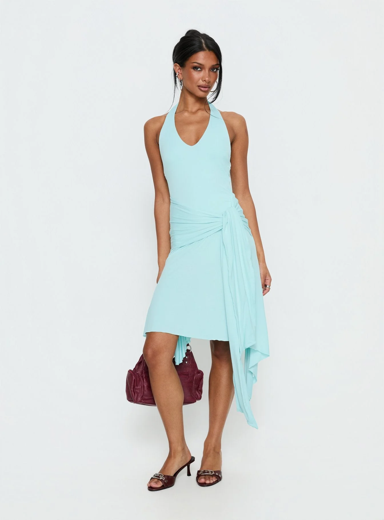 Moonlit Honey Asymmetrical Halter Jersey Midi Dress Turquoise - Image 2