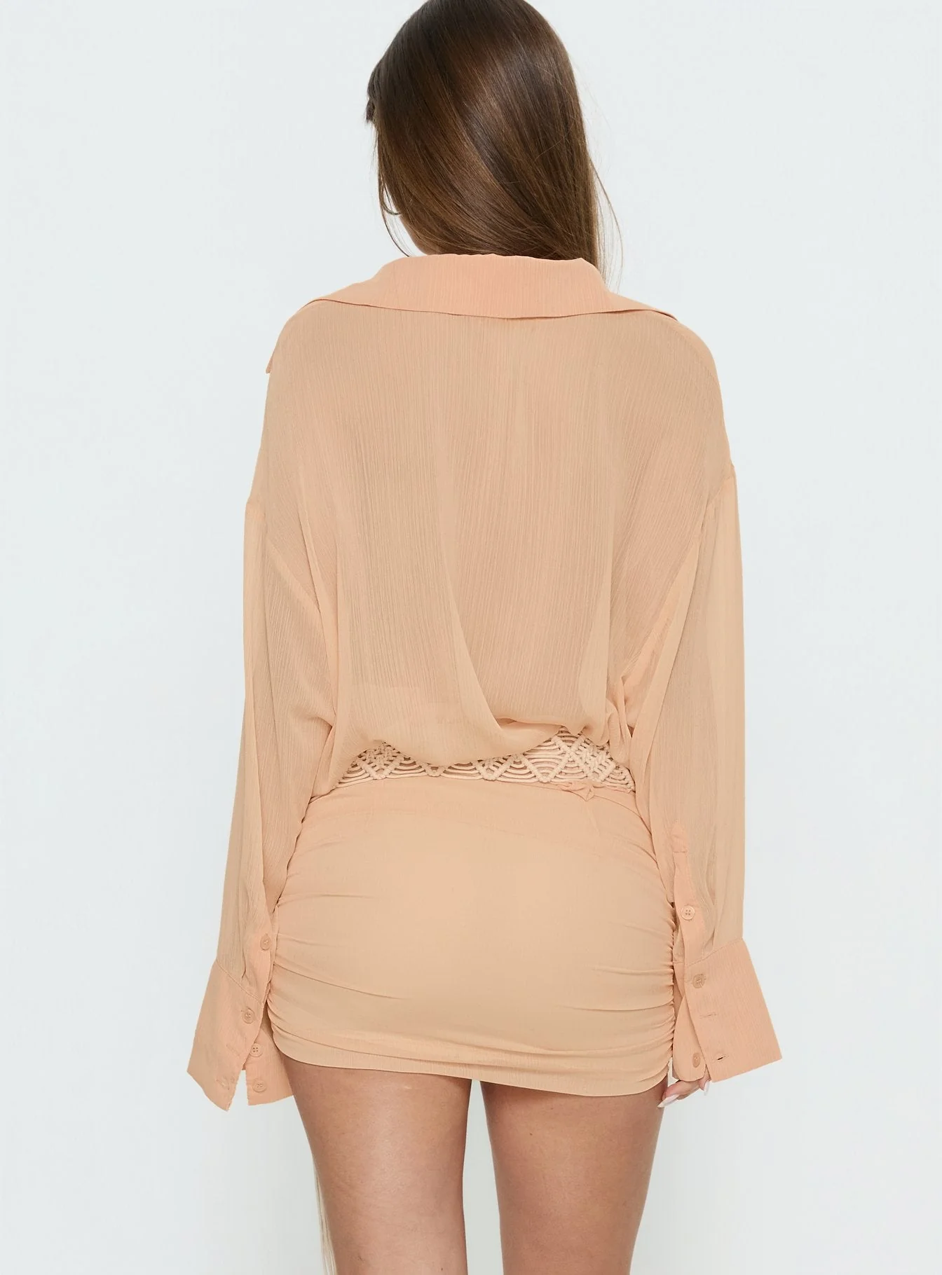 Moonrising Long Sleeve Sheer Blouson Mini Dress Soft Orange - Image 5
