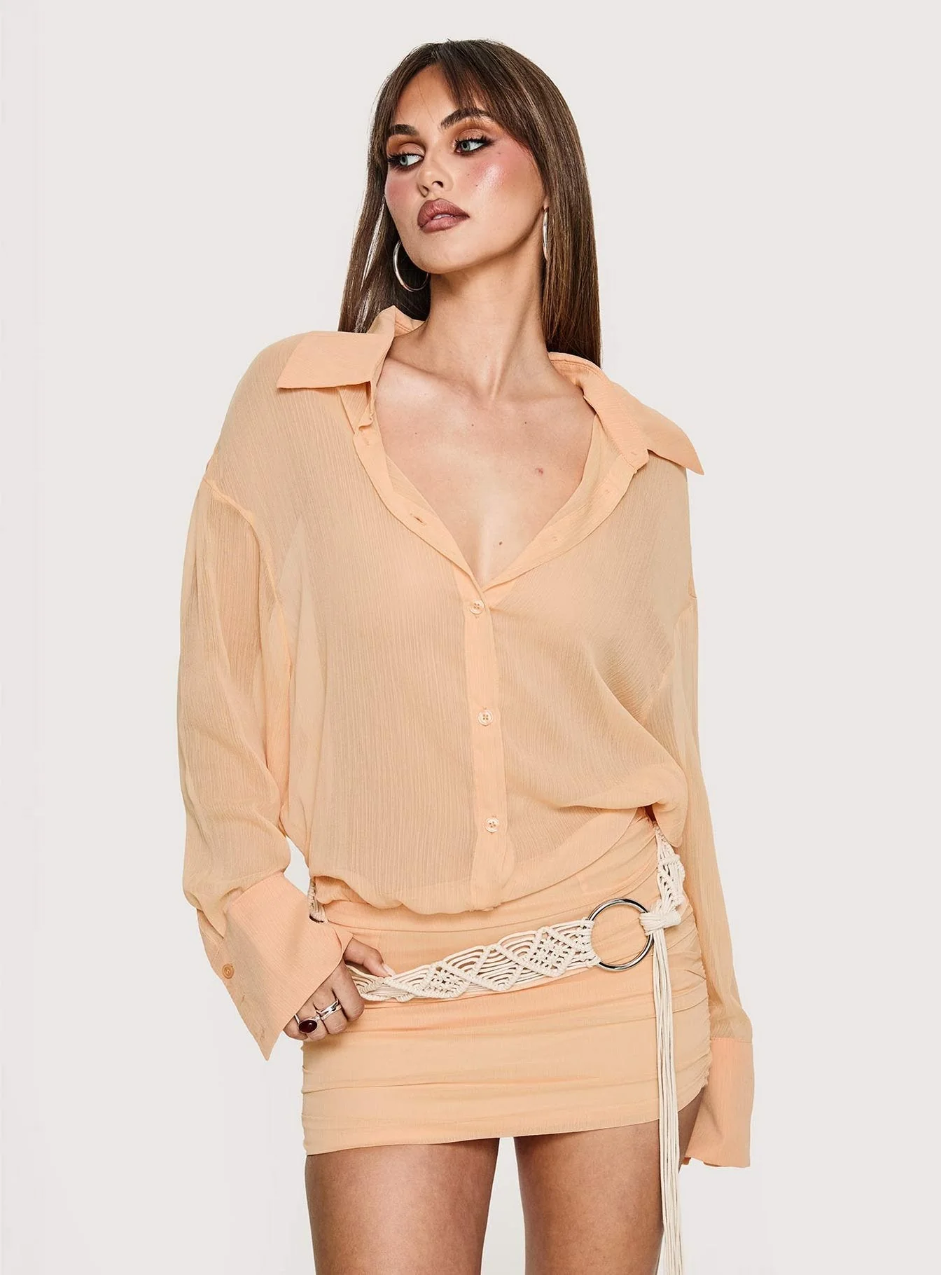 Moonrising Long Sleeve Sheer Blouson Mini Dress Soft Orange - Image 8