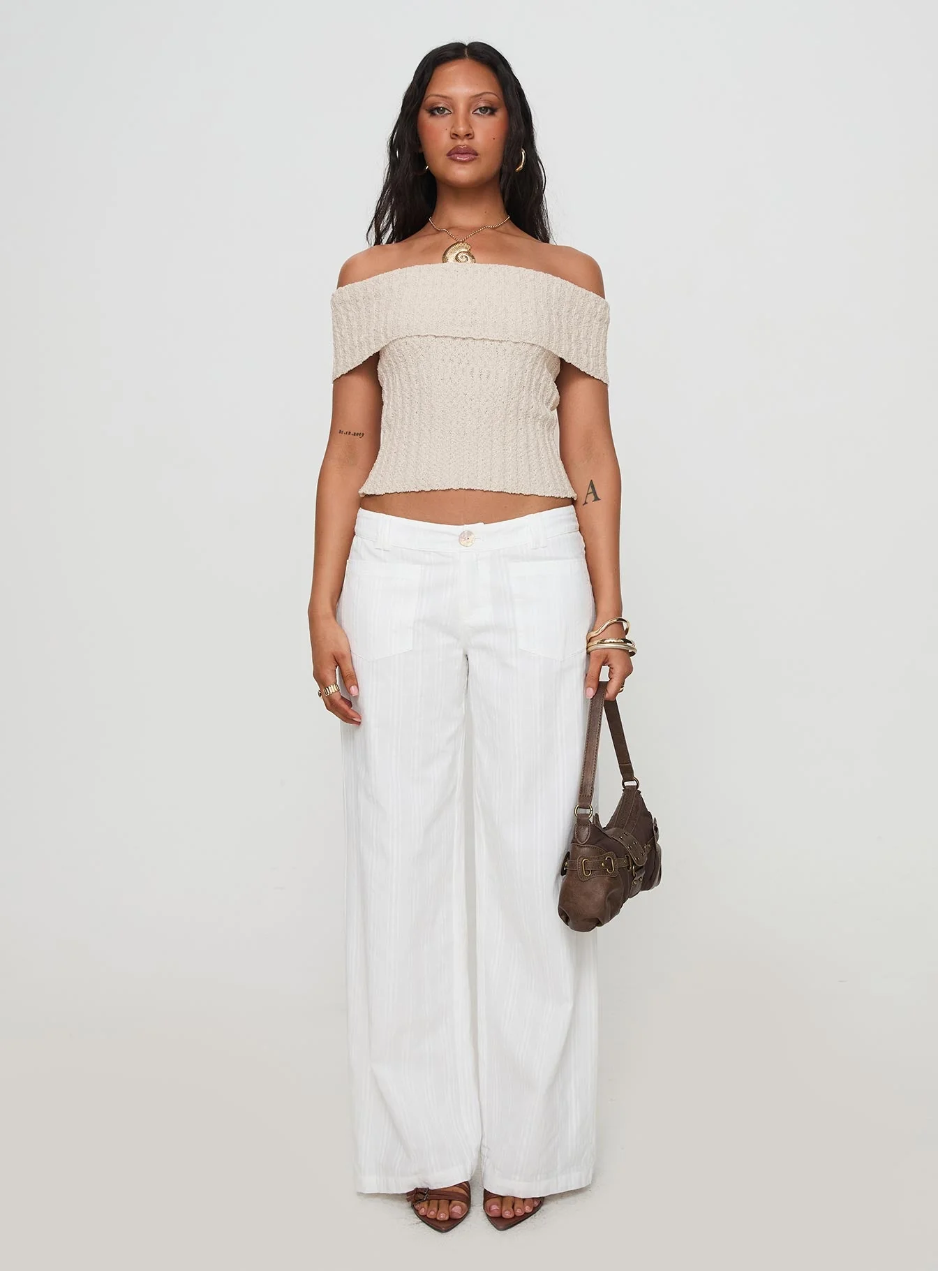 Murmur Off Shoulder Top Beige - Image 8
