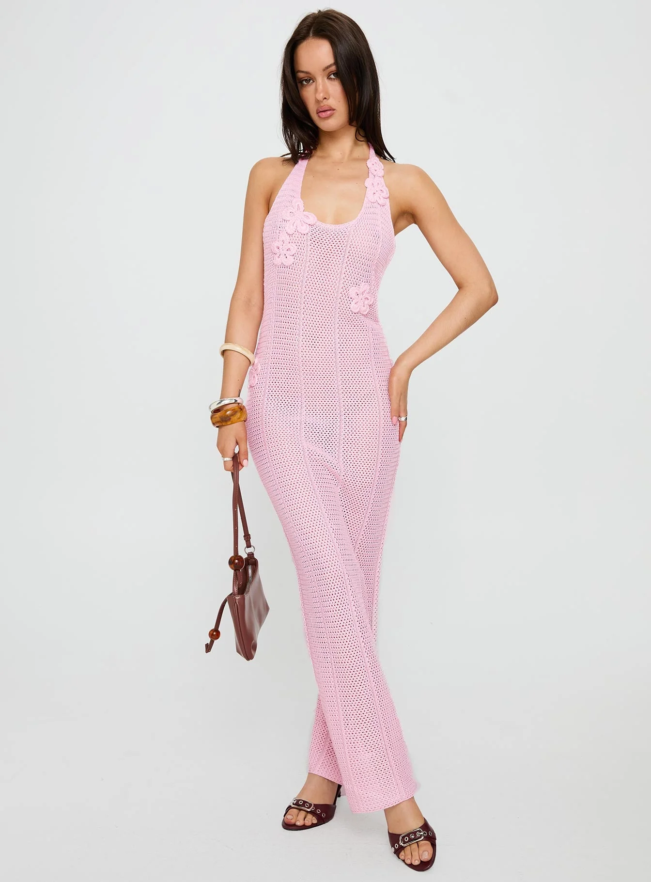 Nalanie Halter Crochet Maxi Dress Pink - Image 3