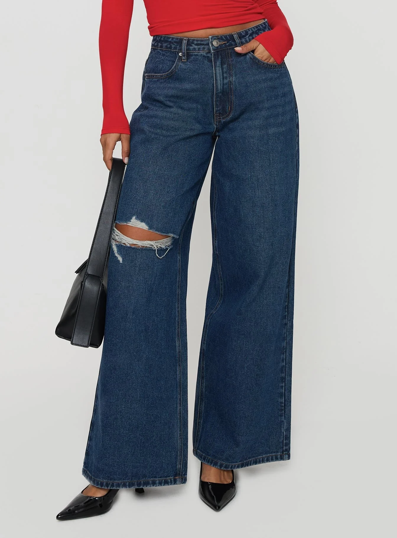 Naylor Rip Mid Rise Wide Leg Jeans Dark Blue Wash