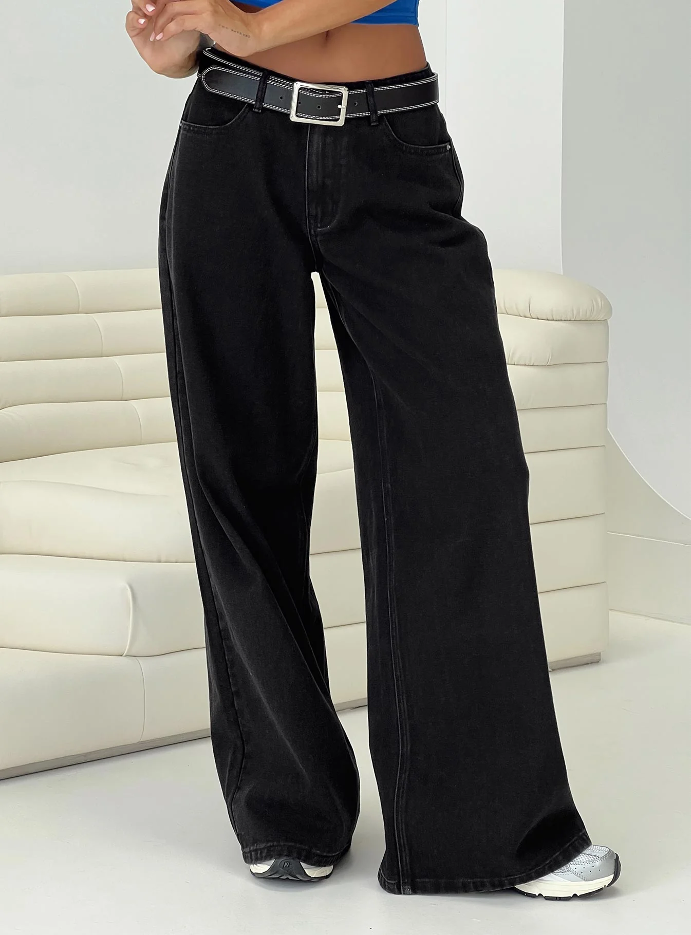 Naylor Mid Rise Wide Leg Jeans Washed Black Denim Petite - Image 7