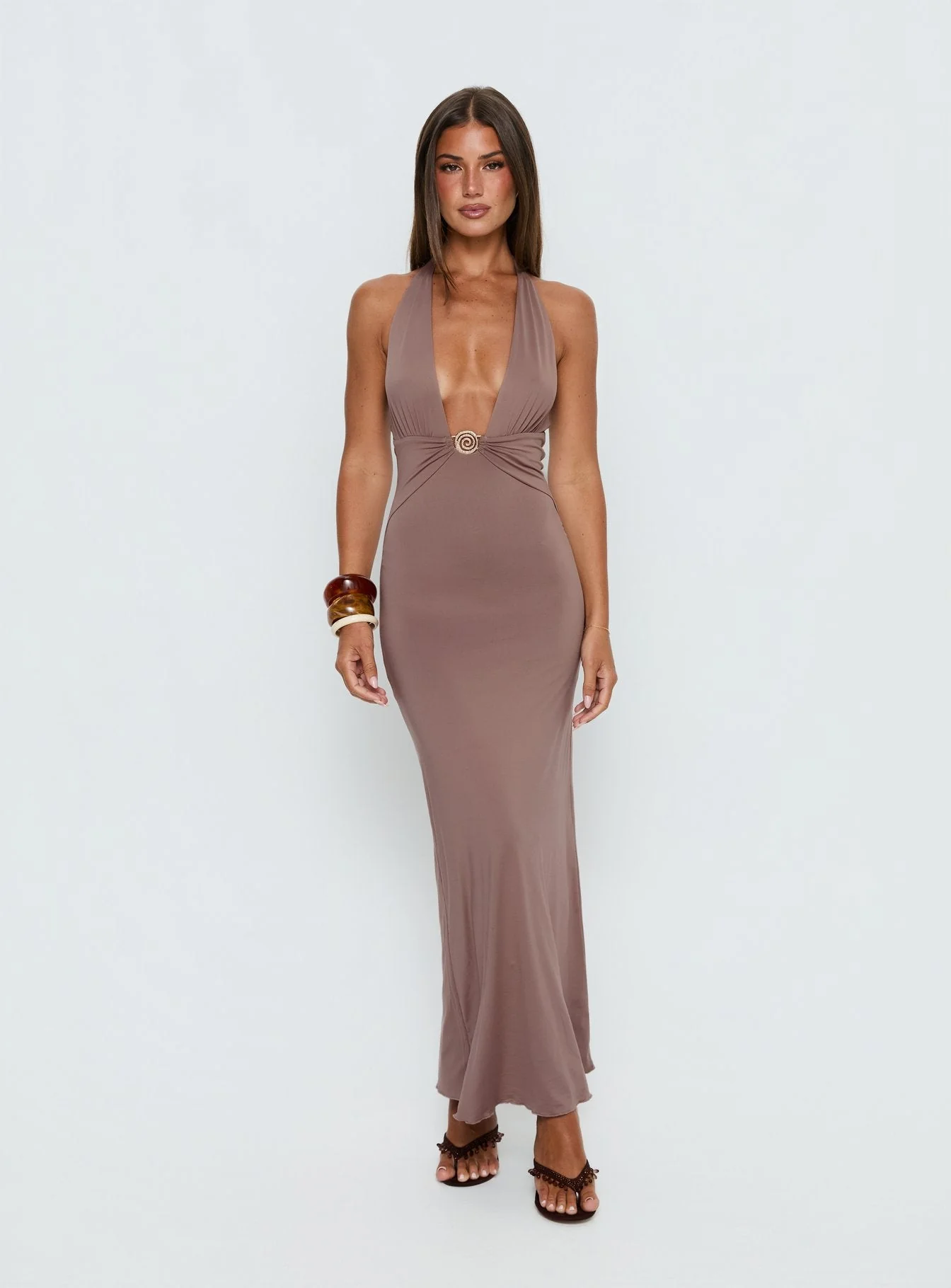 Naysana Halter Ruched Maxi Dress Mocha - Image 2