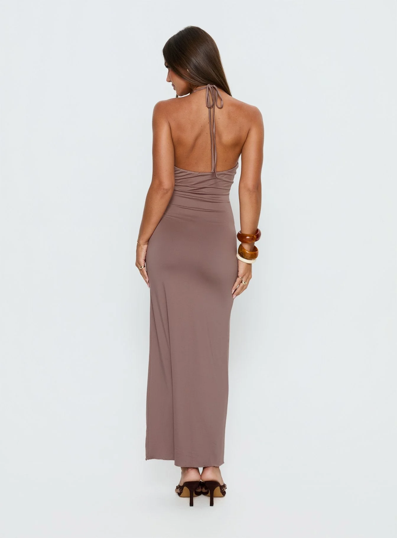 Naysana Halter Ruched Maxi Dress Mocha - Image 4