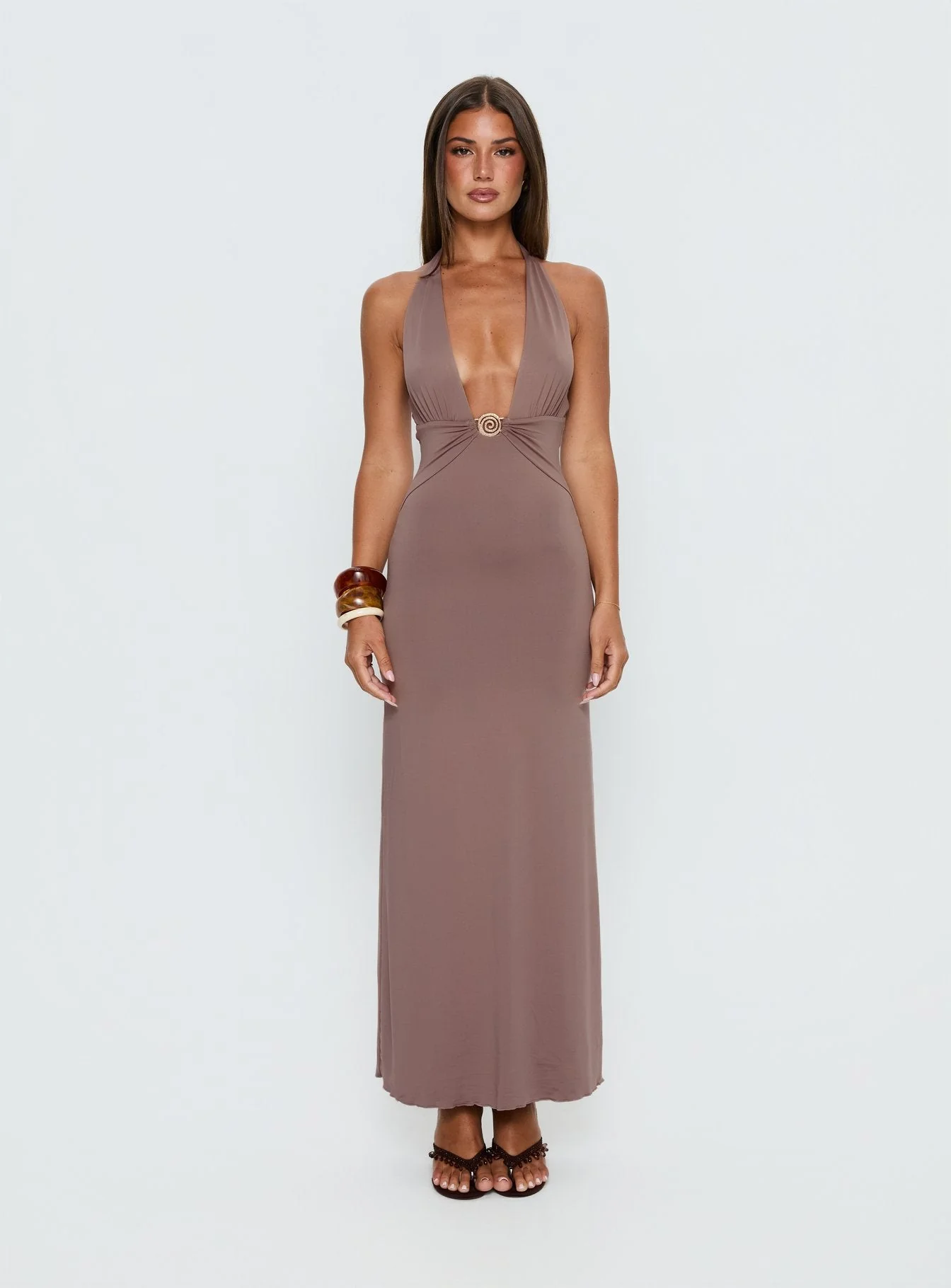 Naysana Halter Ruched Maxi Dress Mocha - Image 6
