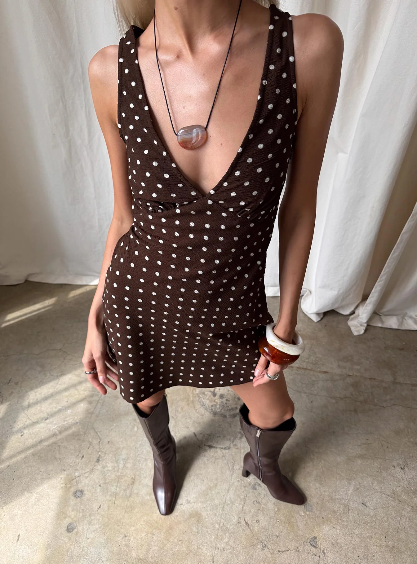 Nellie Mini Dress Brown Polka Dot - Image 11