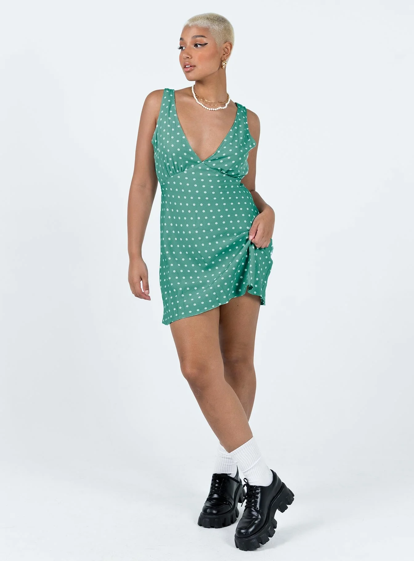 Nellie Mini Dress Green Polka Dot - Image 3