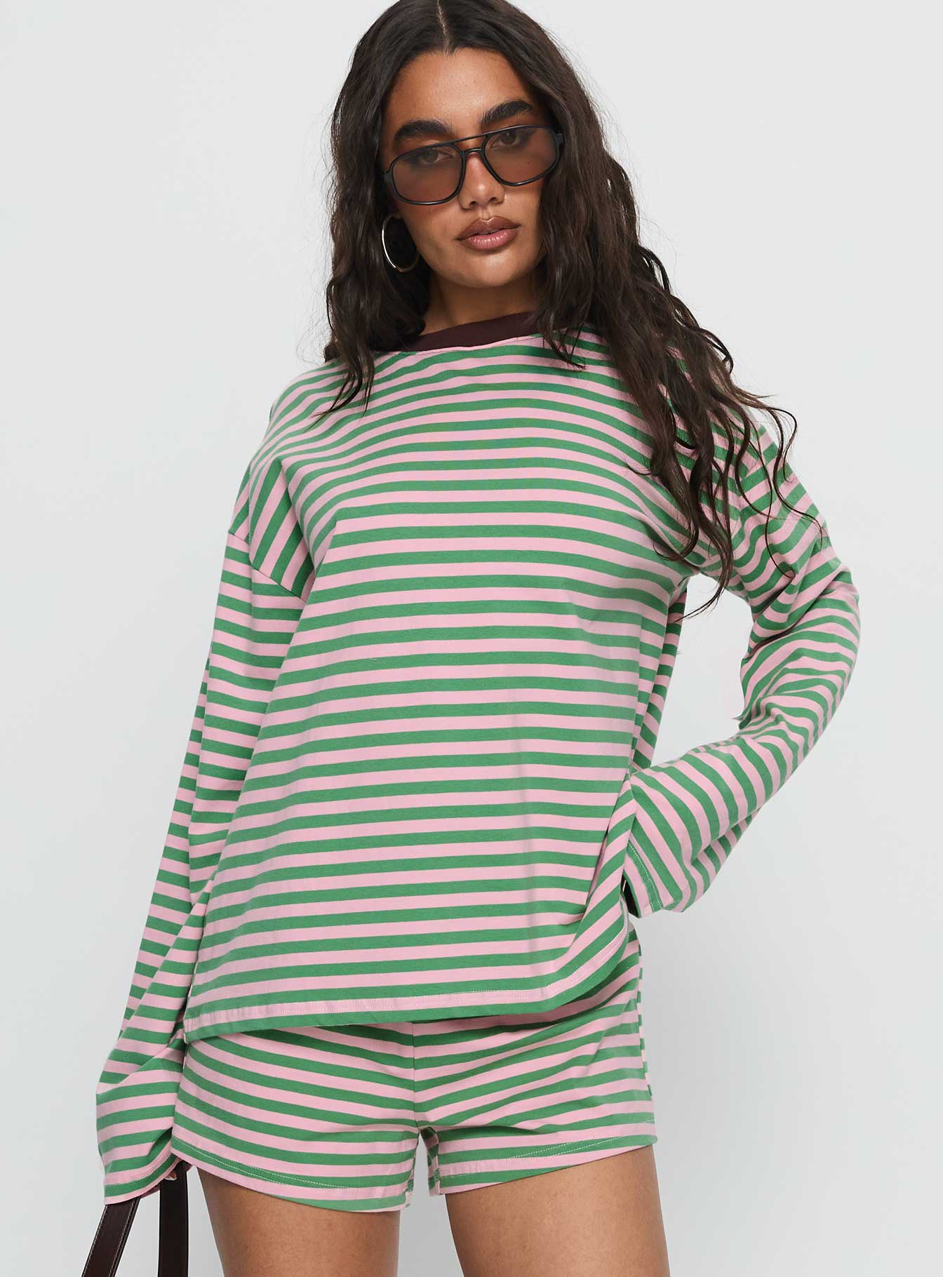 Settle Down Long Sleeve Top Green / Pink Stripe - Image 2