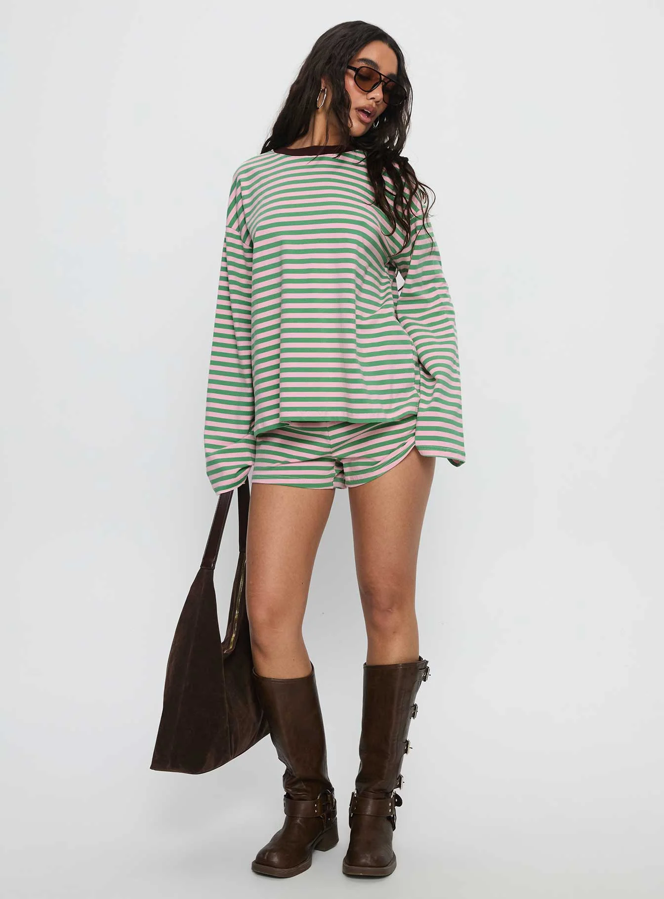Settle Down Long Sleeve Top Green / Pink Stripe - Image 3