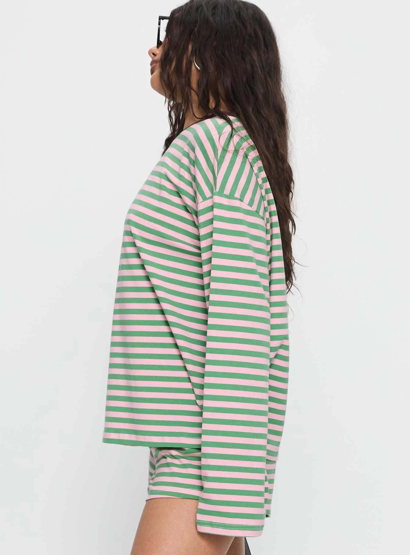 Settle Down Long Sleeve Top Green / Pink Stripe - Image 4