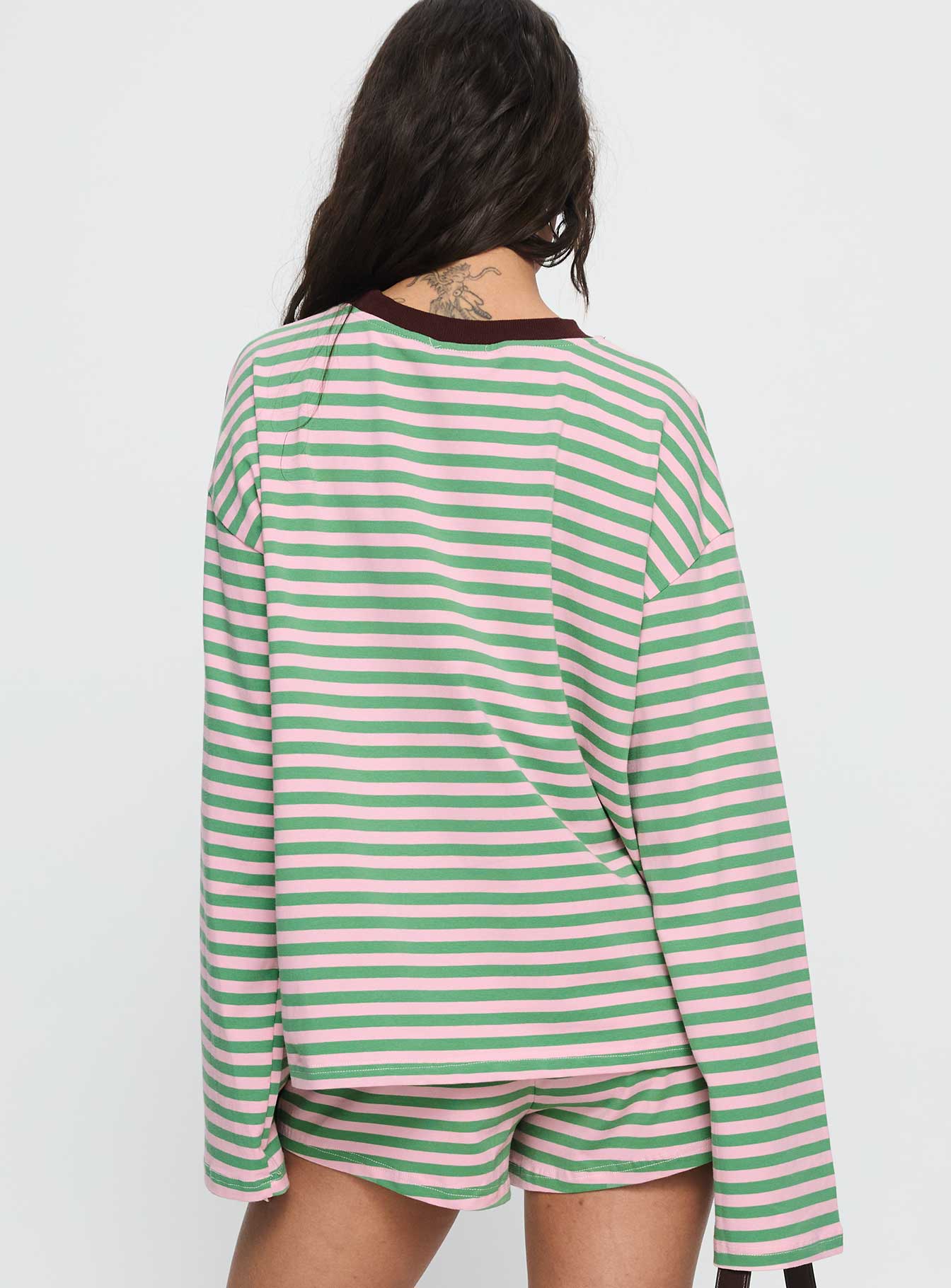 Settle Down Long Sleeve Top Green / Pink Stripe - Image 5