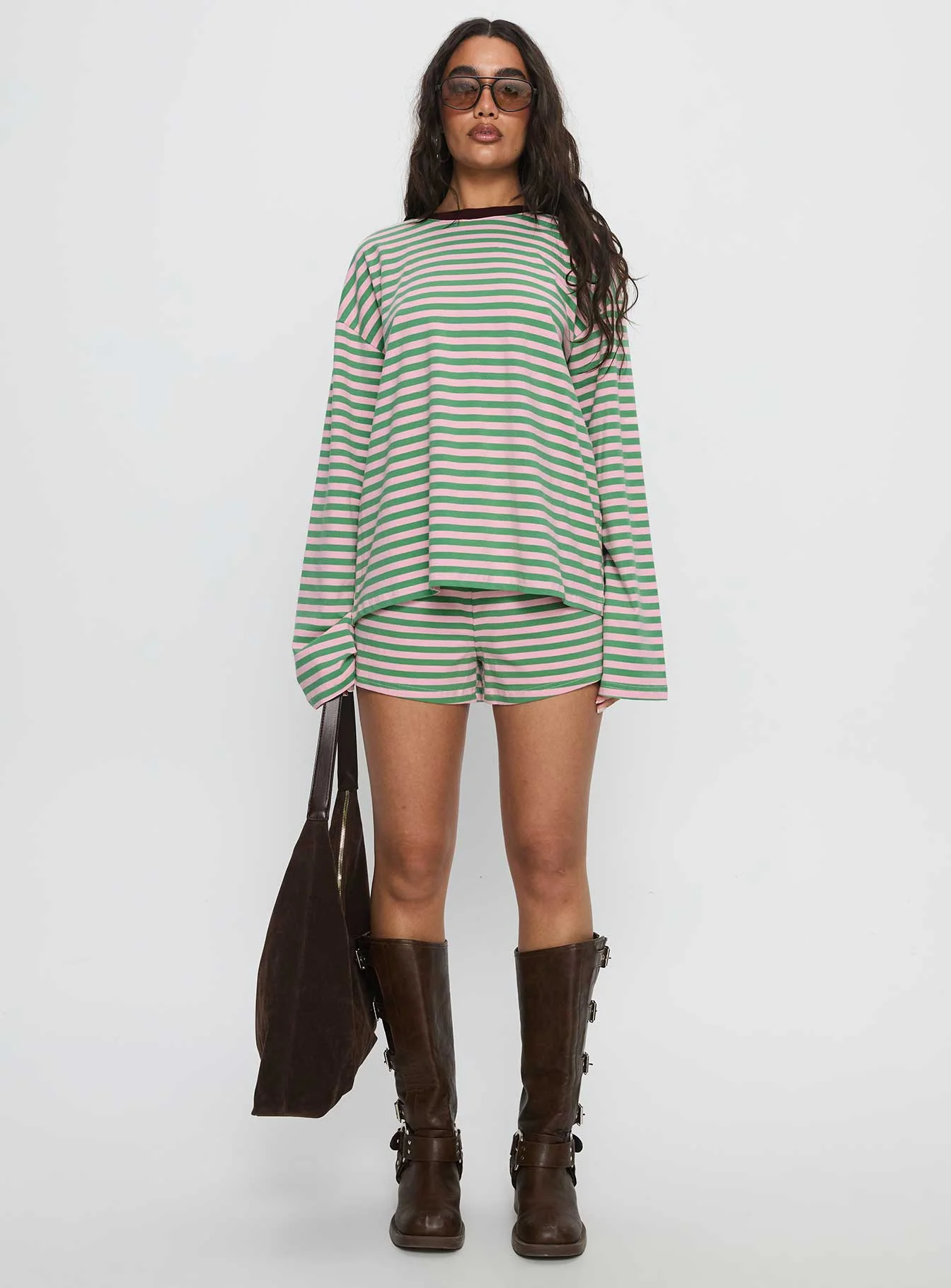 Settle Down Long Sleeve Top Green / Pink Stripe - Image 7